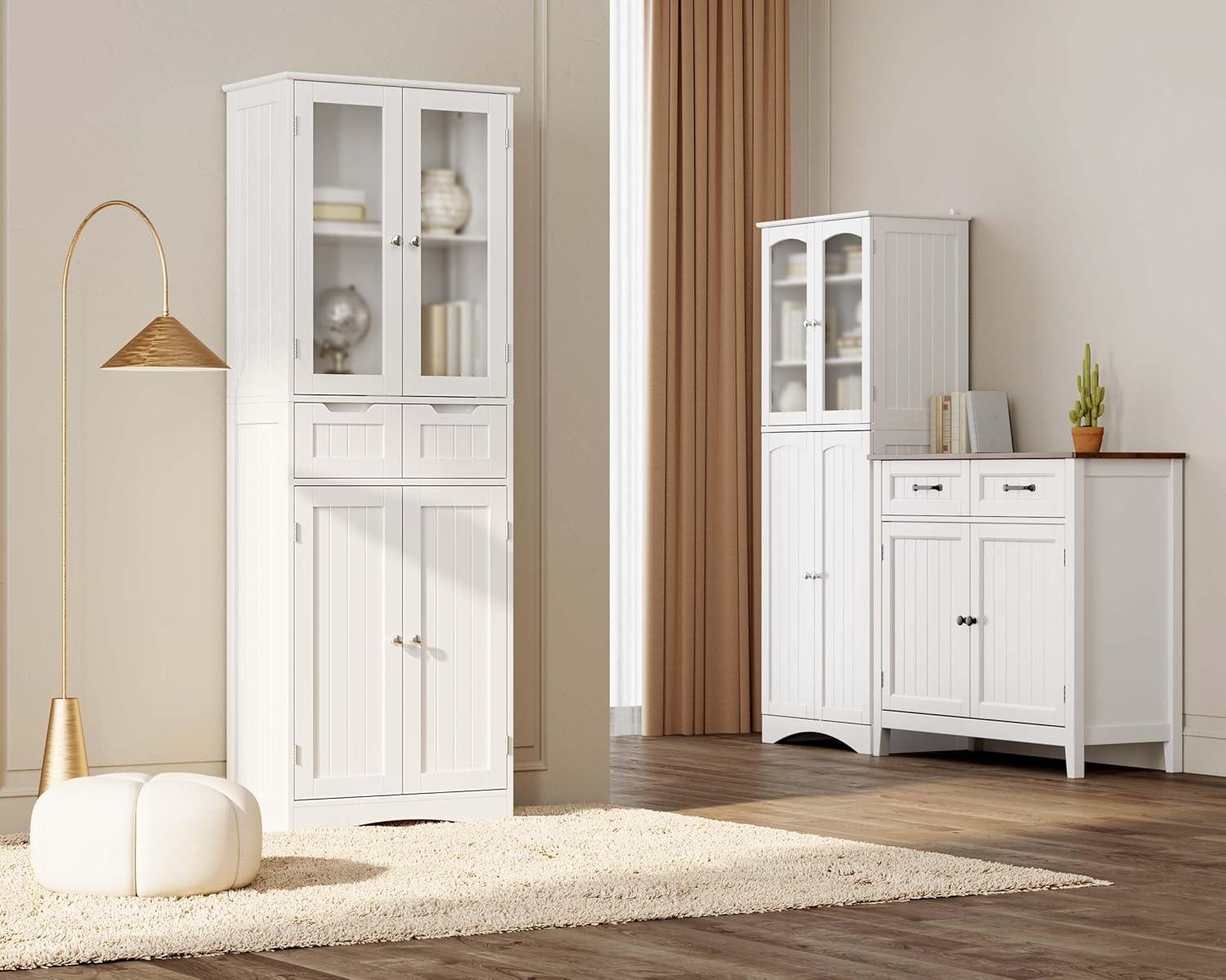 Gizoon 67" Tall Storage Cabinet, Freestanding Kitchen Pantry Cabinet with Glass Door & 2 Shelves & 2 Drawers, Stylish Linen Storage Cabinet for Home, Bathroom, Living Room, Office, White