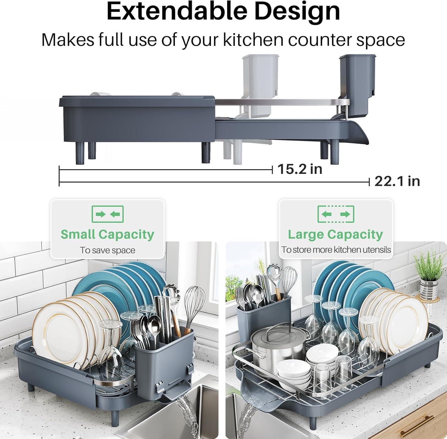 Anadea Dish Drying Rack, Expandable Dish Rack For Kitchen Counter, Stainless Steel Dish Drainer With Drainboard Set And Utensil Holder