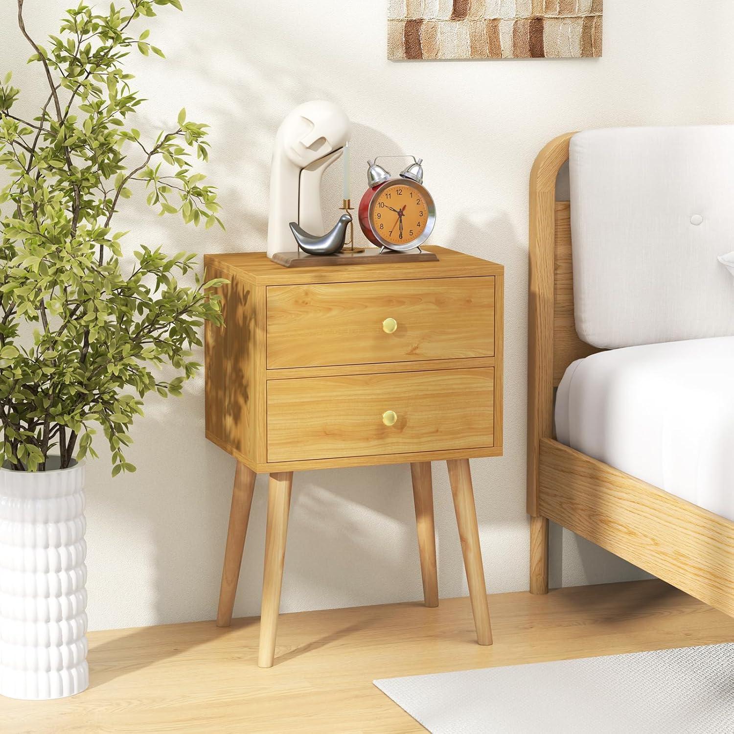 Nightstand W/2 Drawers For Bedroom Living Room Small Spaces Modern Home Furniture Simple Natural Legs Storage End Side Tables (1, Natural)