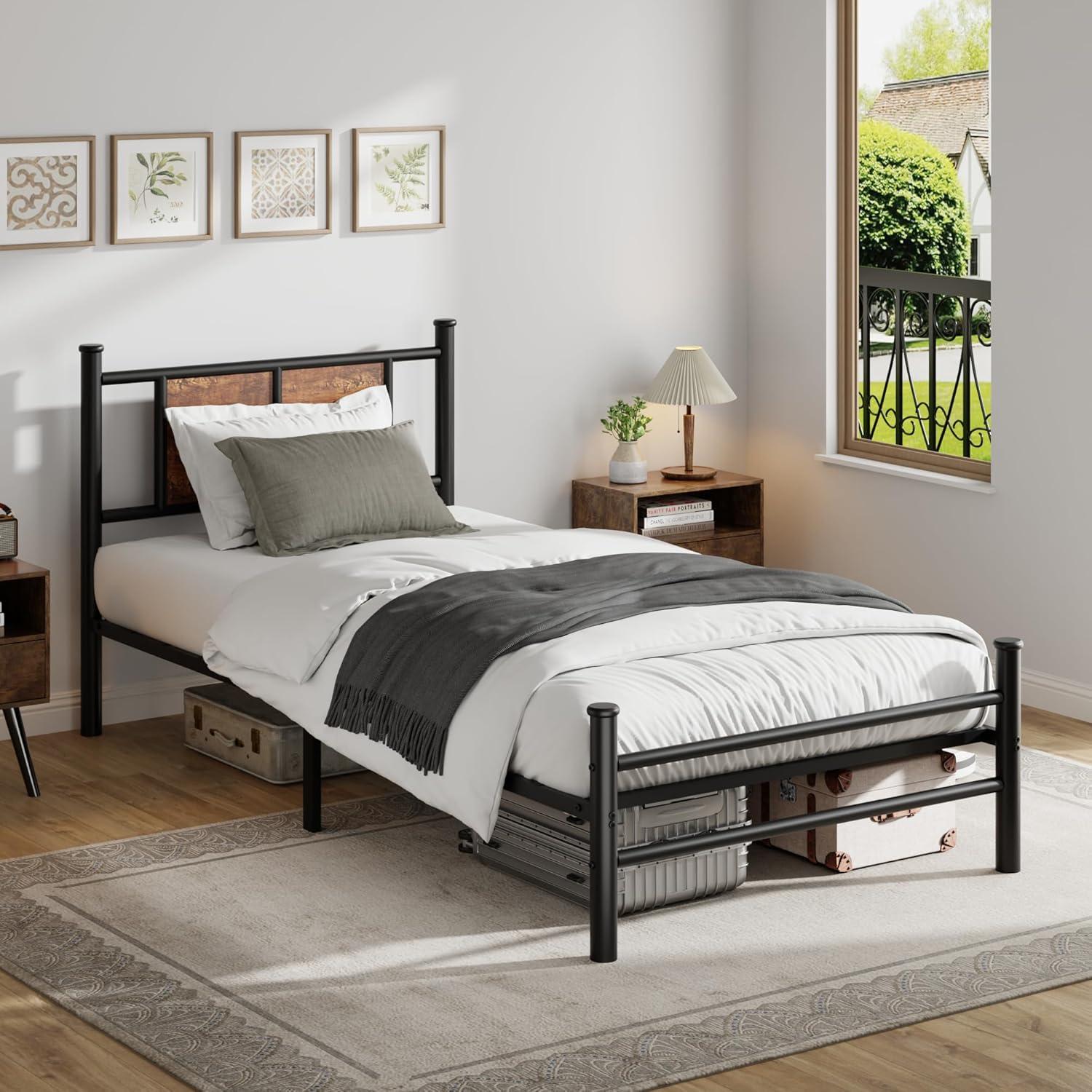 King Size Bed Frame with Rustic Wood Headboard, Metal Heavy Duty Platform, Sturdy Steel Slat Support, No Box Spring Needed, Black King Platform Bed Frame with Headboard