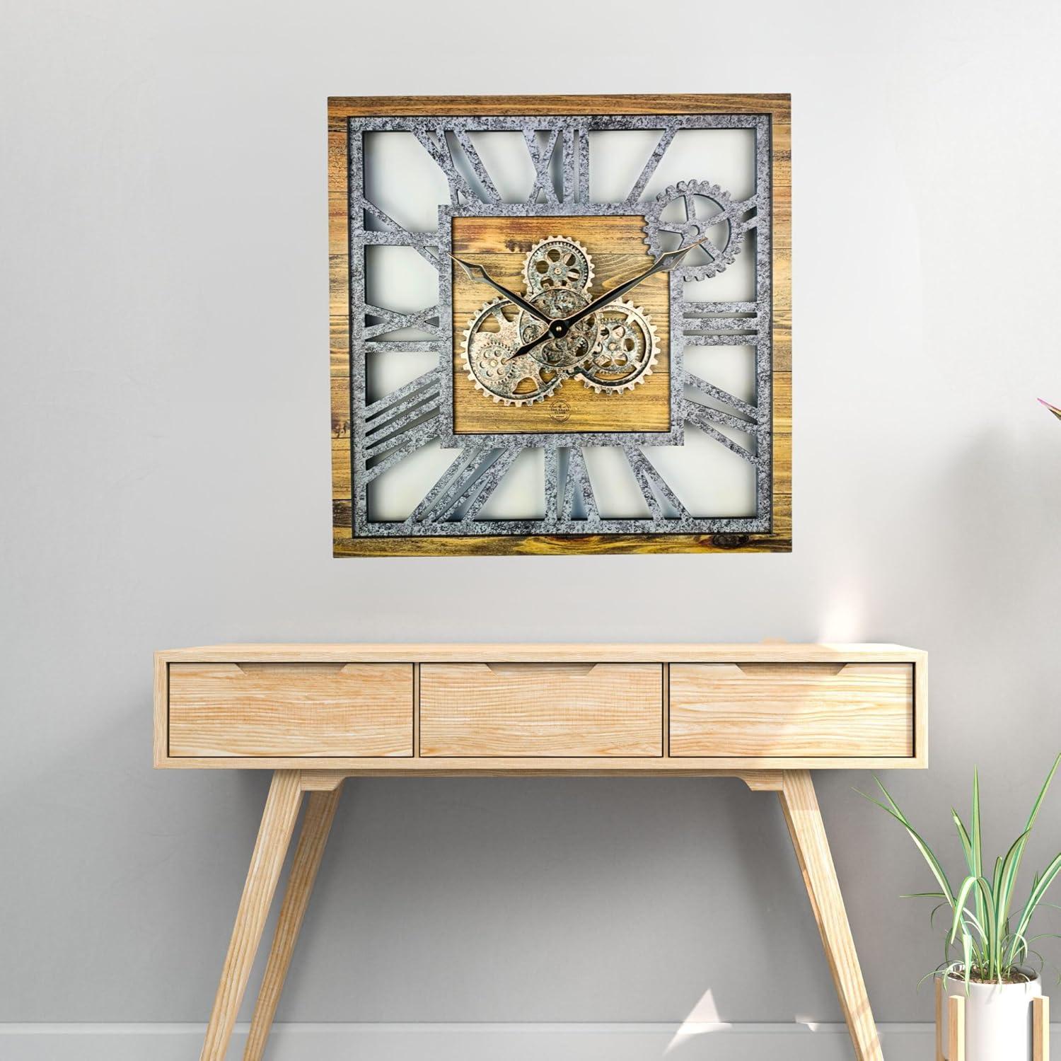 Wall Clock 24" Square Oversized for Living Room decor with Real Moving Gears America Collection