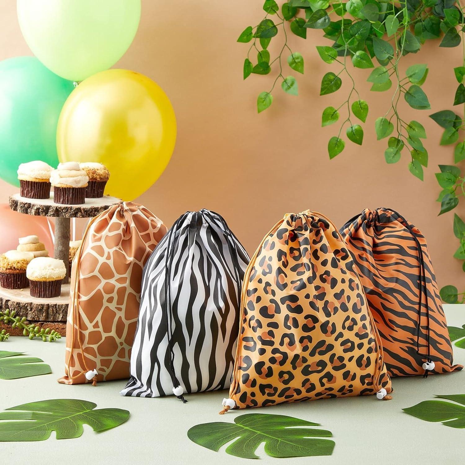 12 Pack Animal Print Drawstring Gift Bags for Jungle Safari Birthday Party, Baby Shower Favors, Goodies, Candy Treats (4 Designs, 10 x 12 In)