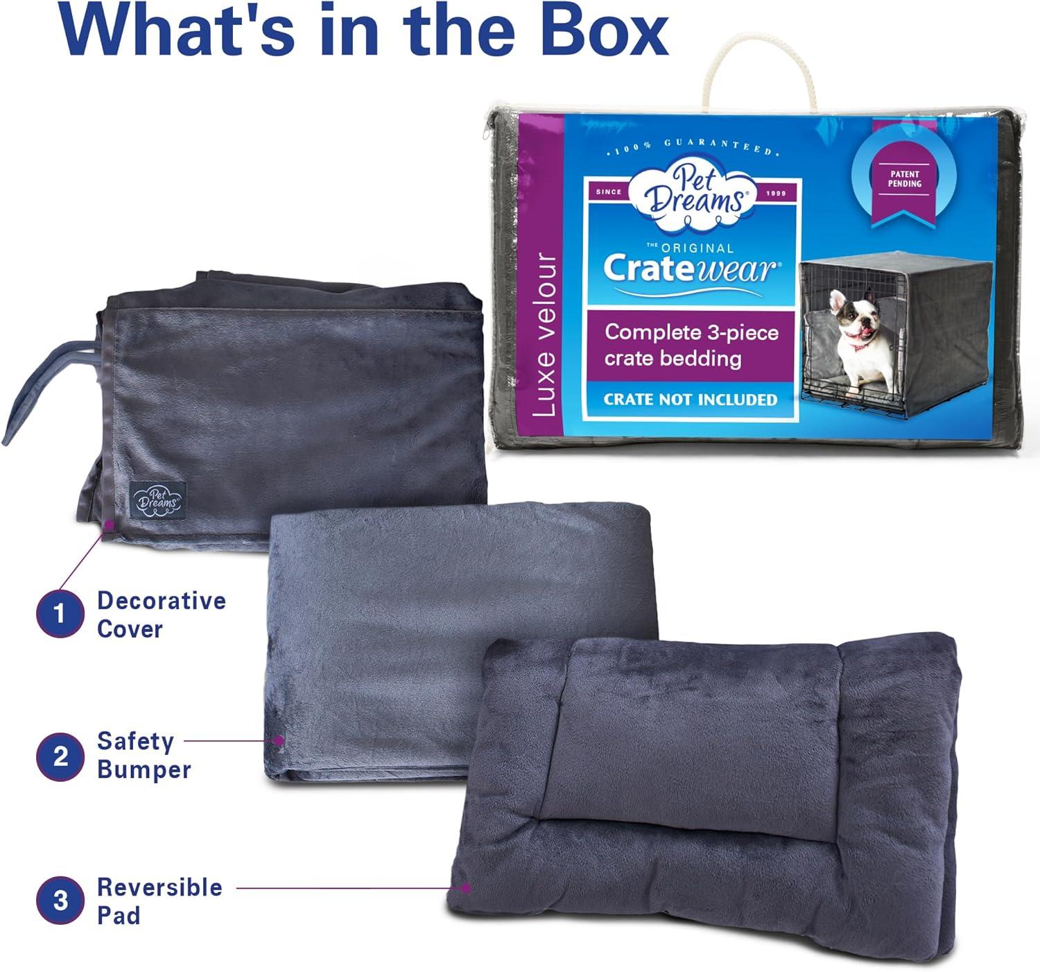 Pet Dreams 3-Piece Set Includes Dog Crate Cover, Dog Mat & Bumper Pad- Washable Kennel Bedding fits iCrate Dog Cages 24, 30, 36, 42 Inch Grey, Small, 24"