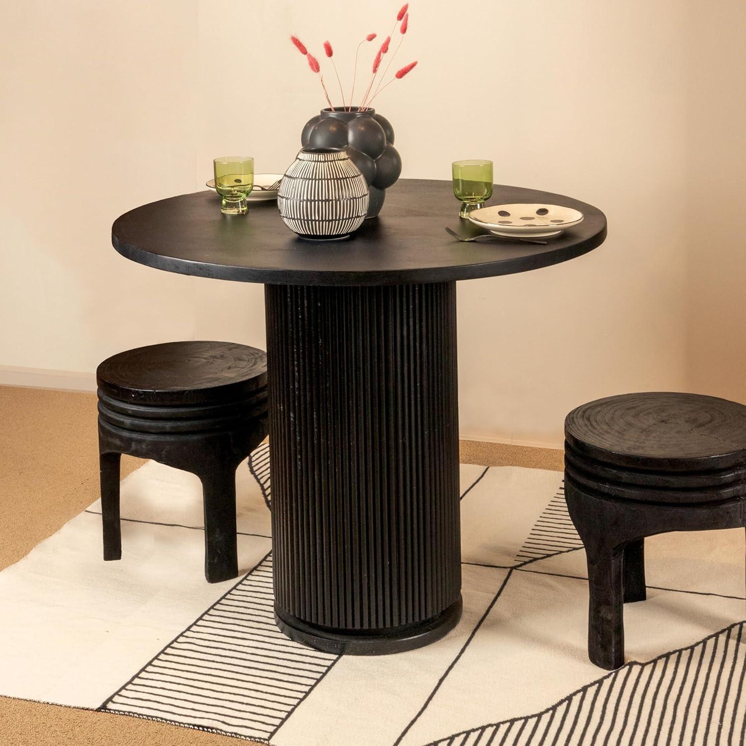 Storied Home Wood Carved Accent Table Matte Black