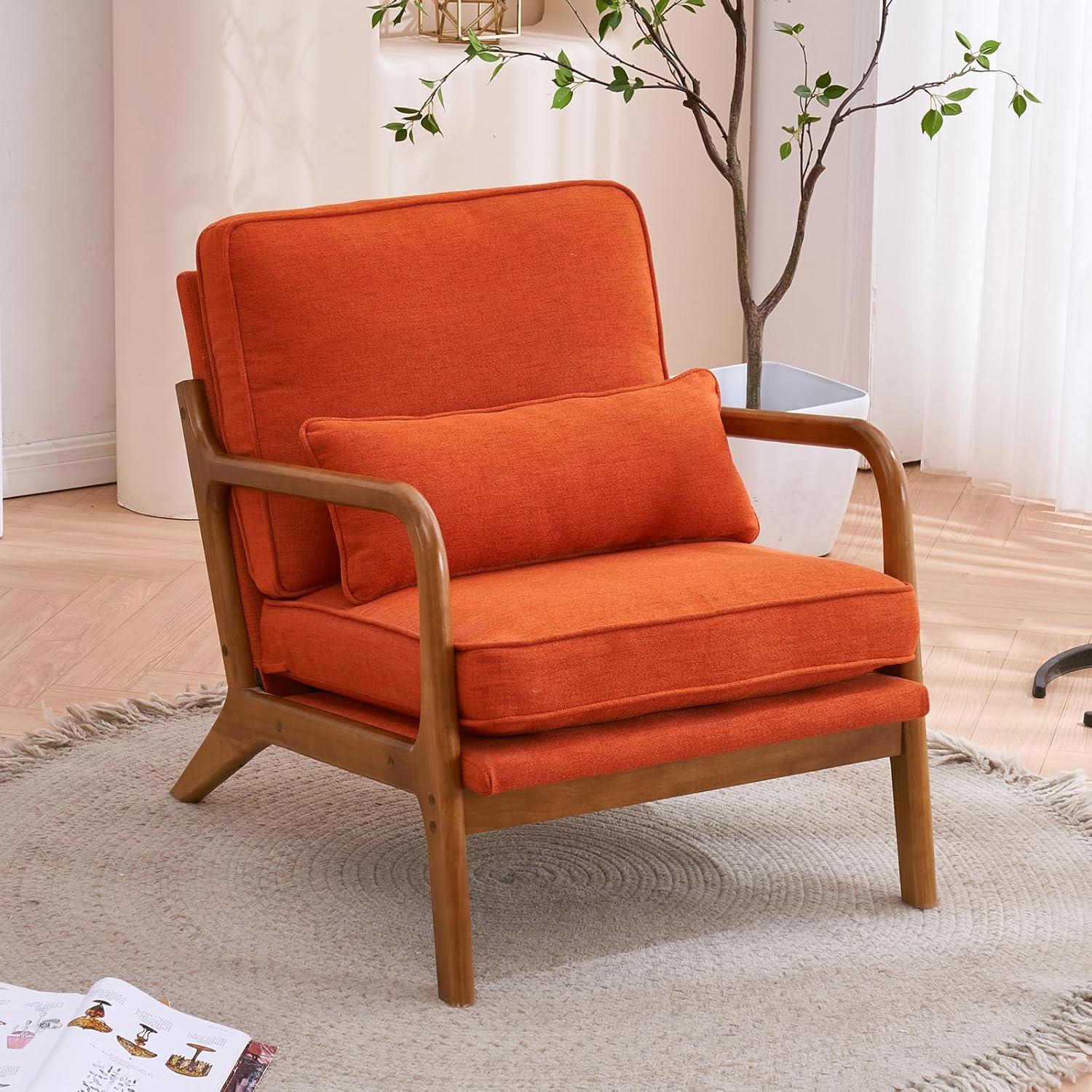 JULY'S SONG Mid-Century Wood Upholstered Fabric Solid Print Armchair, Beige (Set of 2)