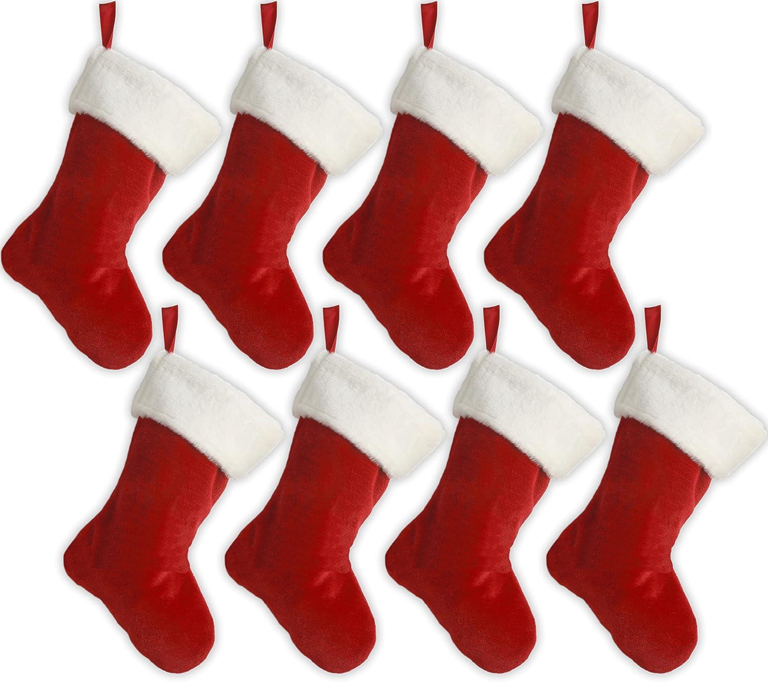 19" Red Velvet Stocking (8 Pack) W/White Plush Cuff & Red Hanging Tag