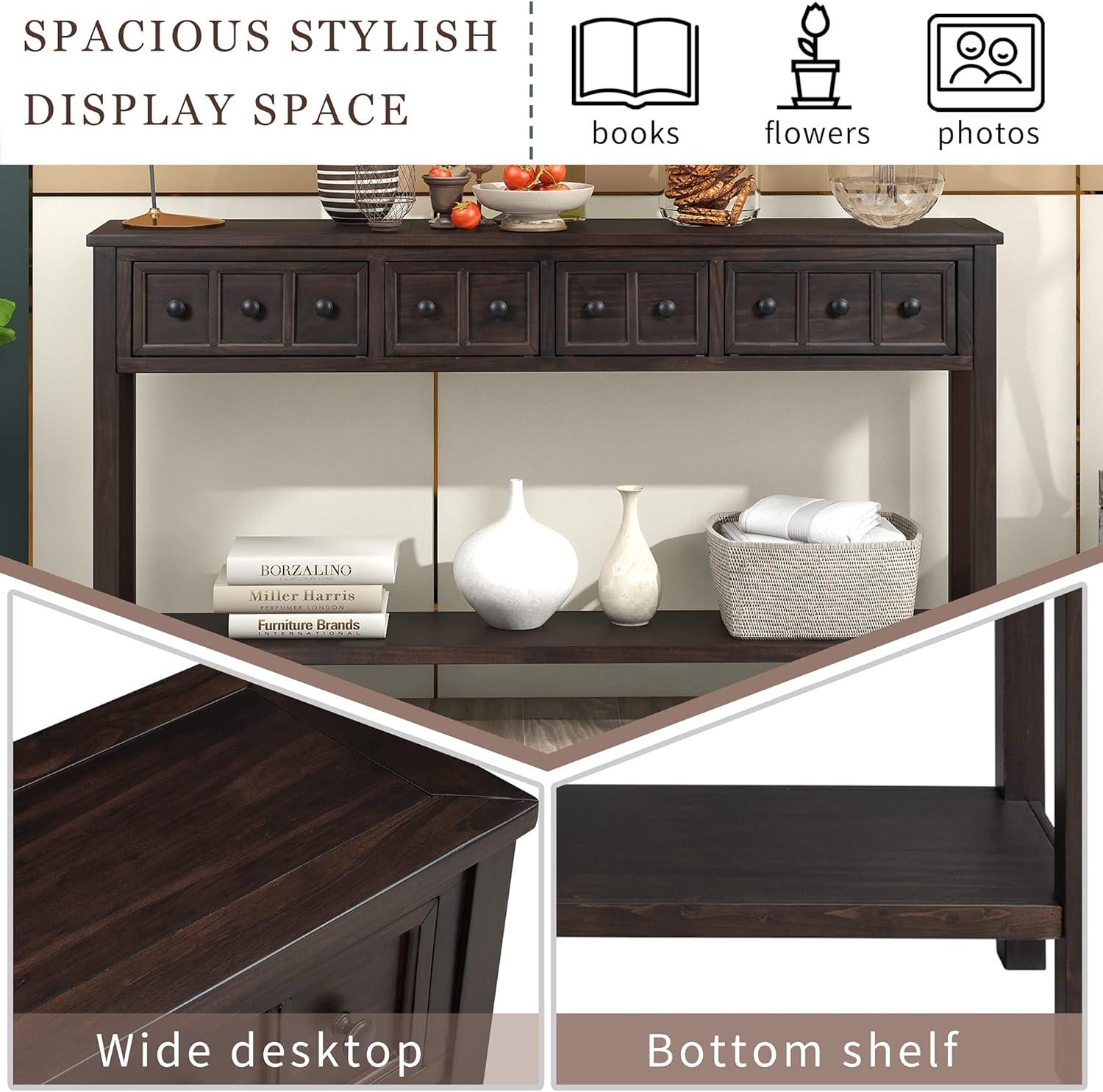 Rustic Entryway Console Table, 60" Sofa Table with Two Different Size Drawers and Bottom Shelf, Espresso-ModernLuxe