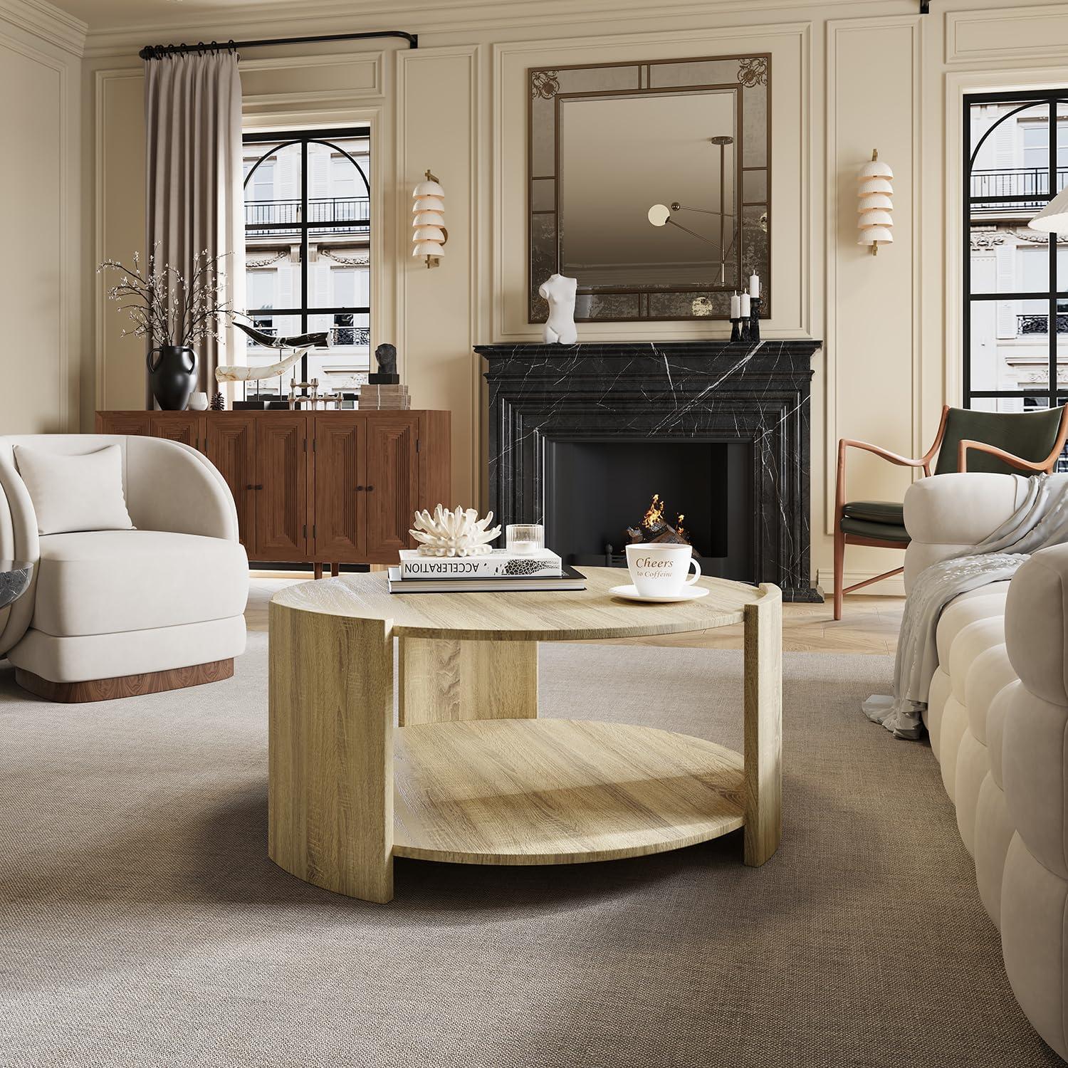 Ebern Designs Michaelee Round Coffee Table, 36" Rustic Modern Circle Coffee Tables with 2 Tier Storage Shelf, Cocktail Table for Living Room Apartment