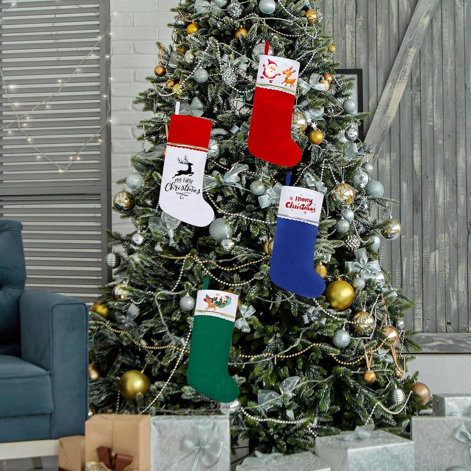 12 Pack Blue and White Felt Christmas Stockings with Silver Trim