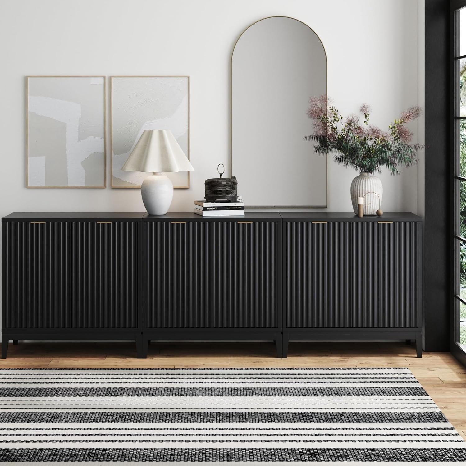 Black Oak-Gold Fluted Wood Sideboard with Storage