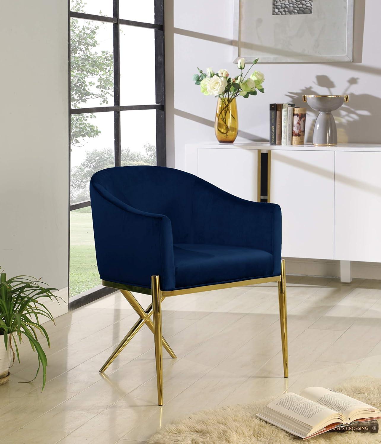 Luxurious Navy Velvet Upholstered Arm Chair with Gold Wooden Legs