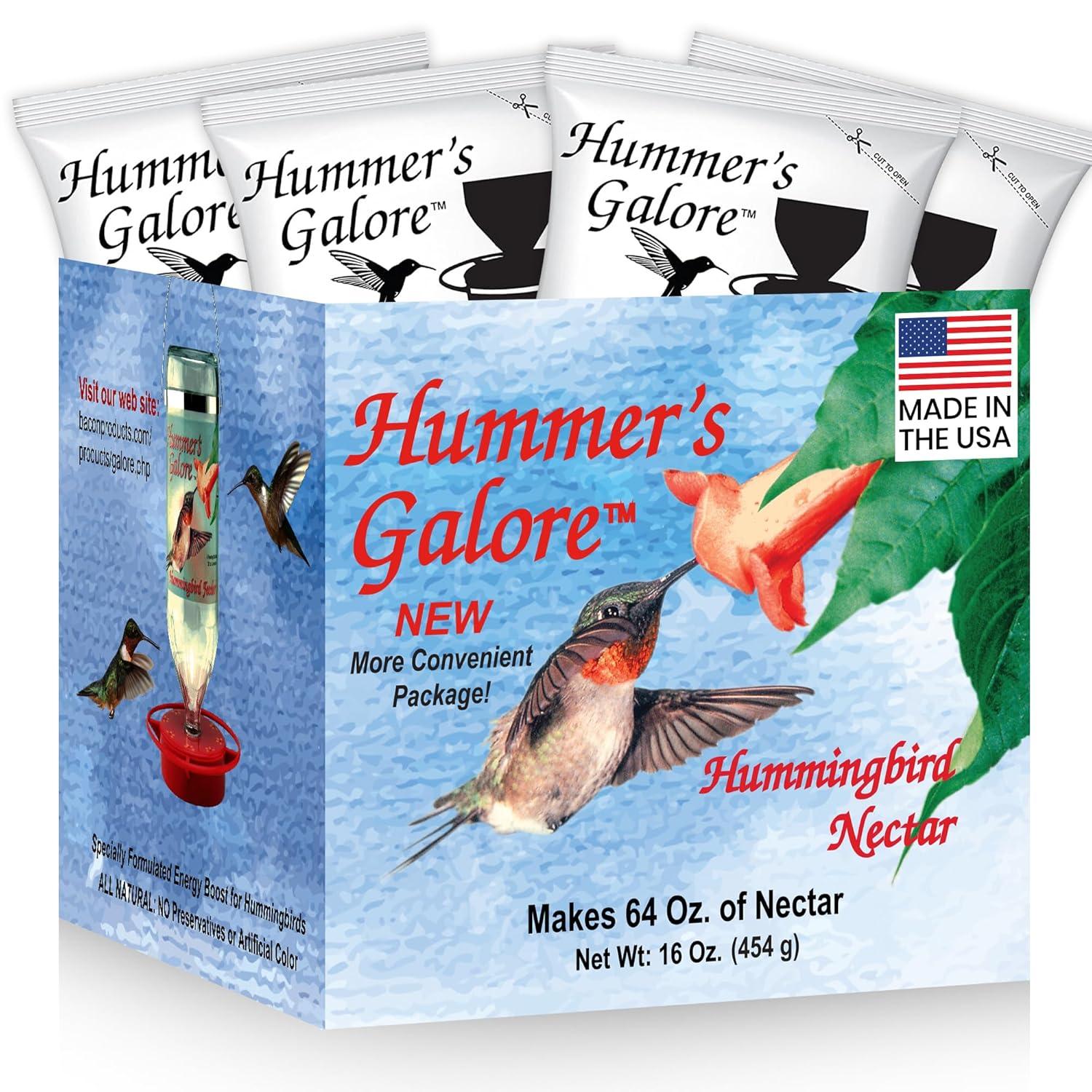 Hummer's Galore Hummingbird Food - Ready-to-Mix Hummingbird Nectar, All-Natural Nectar Collector Formula, No Preservatives or Dyes, Makes 64 Ounces (4 Packets Included)