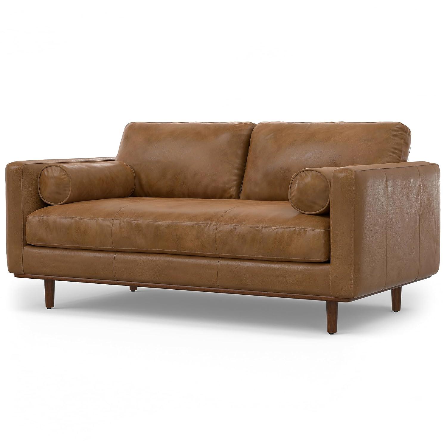Simpli Home Morrison Genuine Leather Sofa, Mid-Century Modern Couch for Living Room, Handcrafted with Removable Cushions