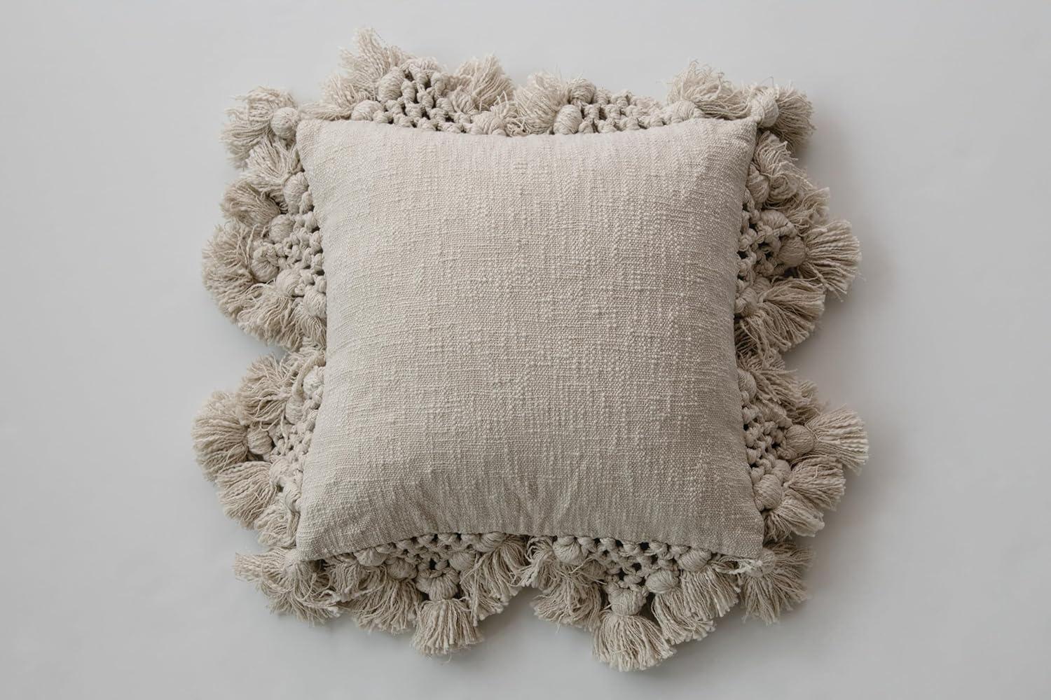 Modern Space-Themed Crochet & Tassel 18" Square Cotton Pillow - Cream