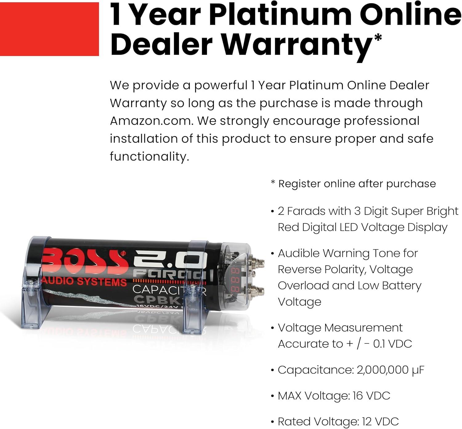 BOSS Audio Systems Cap18 - 18 Farad Car Audio Capacitor - Energy Storage, Enhance Bass From Stereo, Warning Reverse Polarity Tone, Voltage Overload Low Battery Voltage Led, For Amplifier and Subwoofer