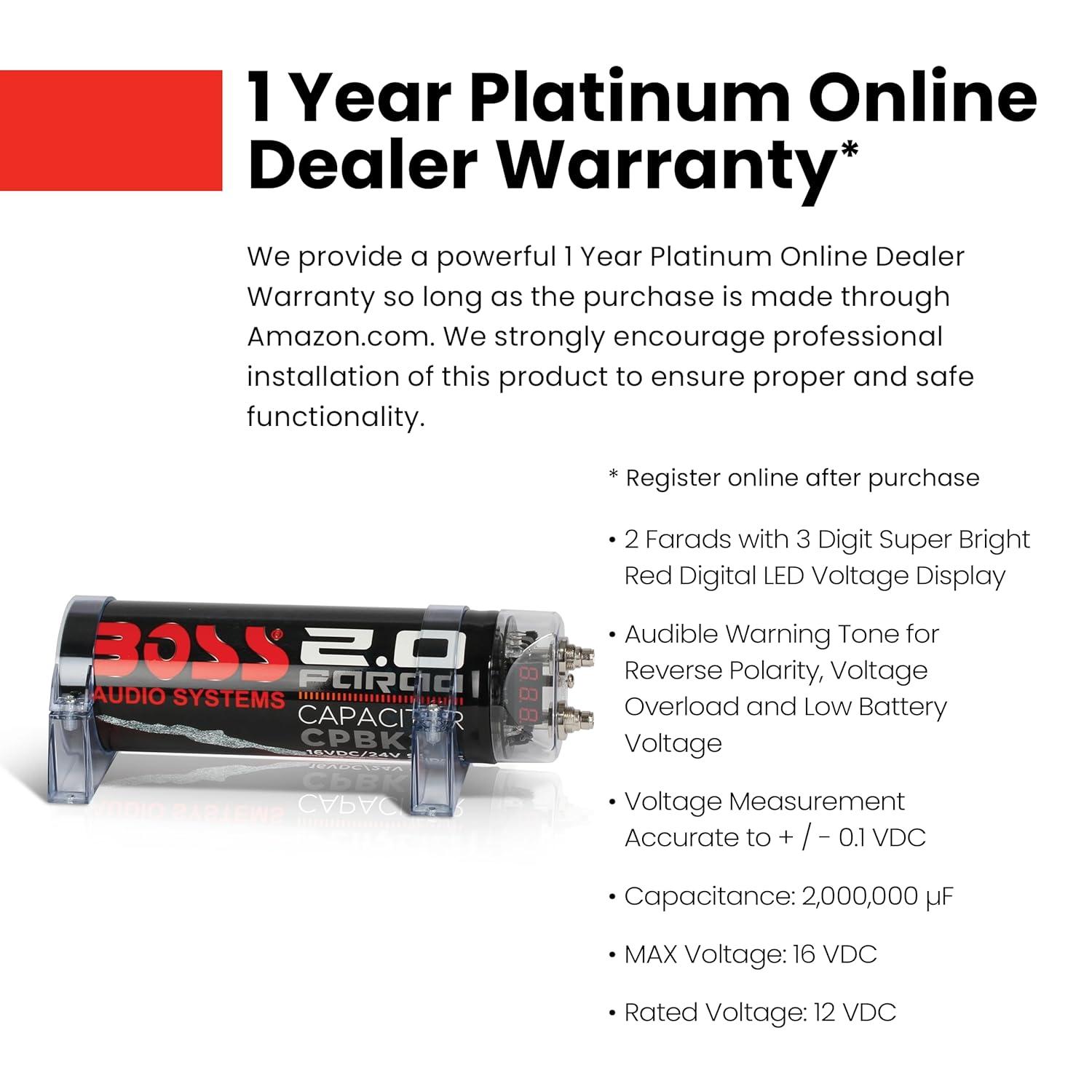 BOSS Audio Systems Cap18 - 18 Farad Car Audio Capacitor - Energy Storage, Enhance Bass From Stereo, Warning Reverse Polarity Tone, Voltage Overload Low Battery Voltage Led, For Amplifier and Subwoofer