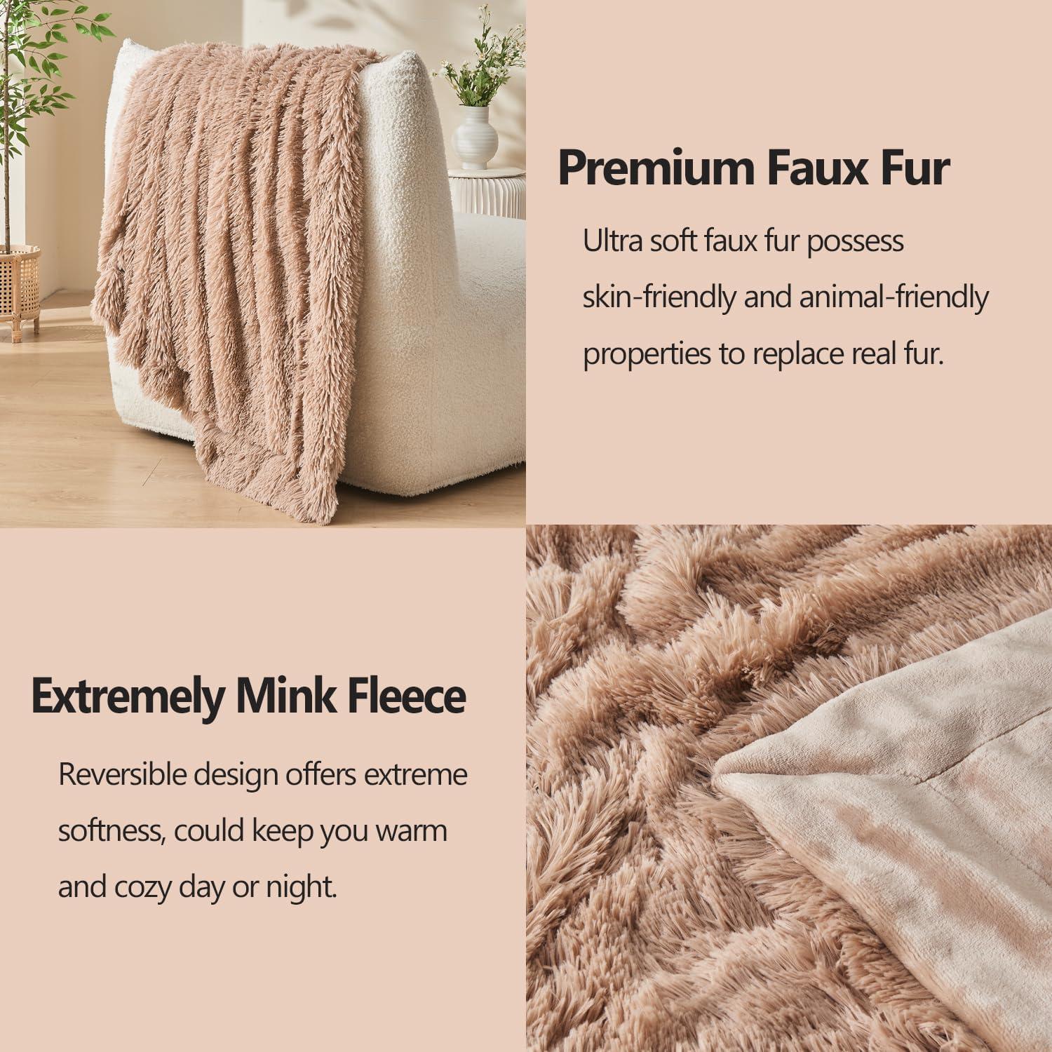 PAVILIA Soft Fluffy Faux Fur Throw Blanket, Taupe Tan Camel, Shaggy Furry Warm Sherpa Blanket Fleece Throw for Bed, Sofa, Couch, Decorative Fuzzy Plush Comfy Thick Throw Blanket, 50x60 Inches