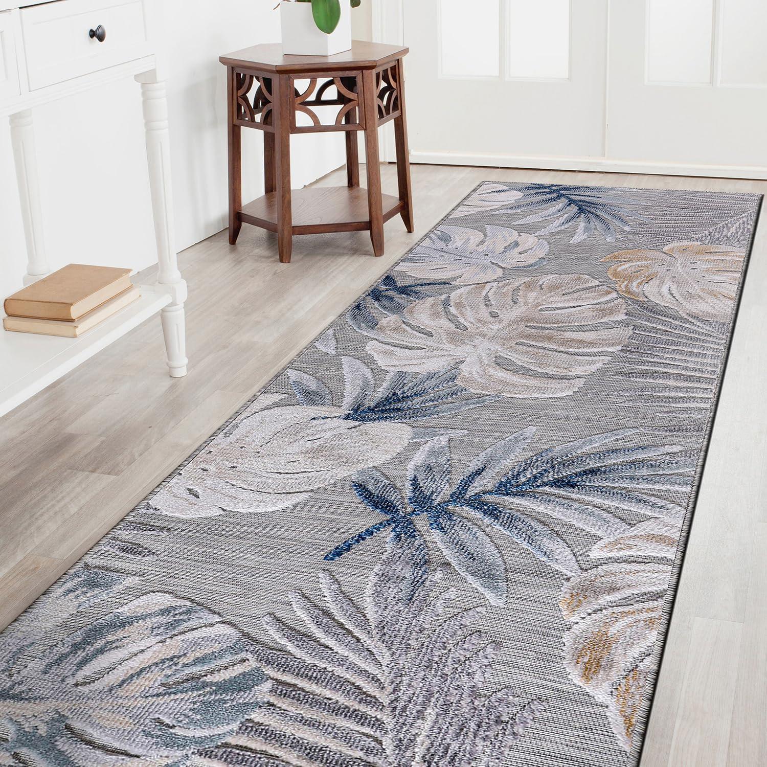 CAMILSON Spring Leaf Tropical Botanical Easy-Cleaning Non-Shedding Washable Outdoor Indoor Area Rug Blue 9x12
