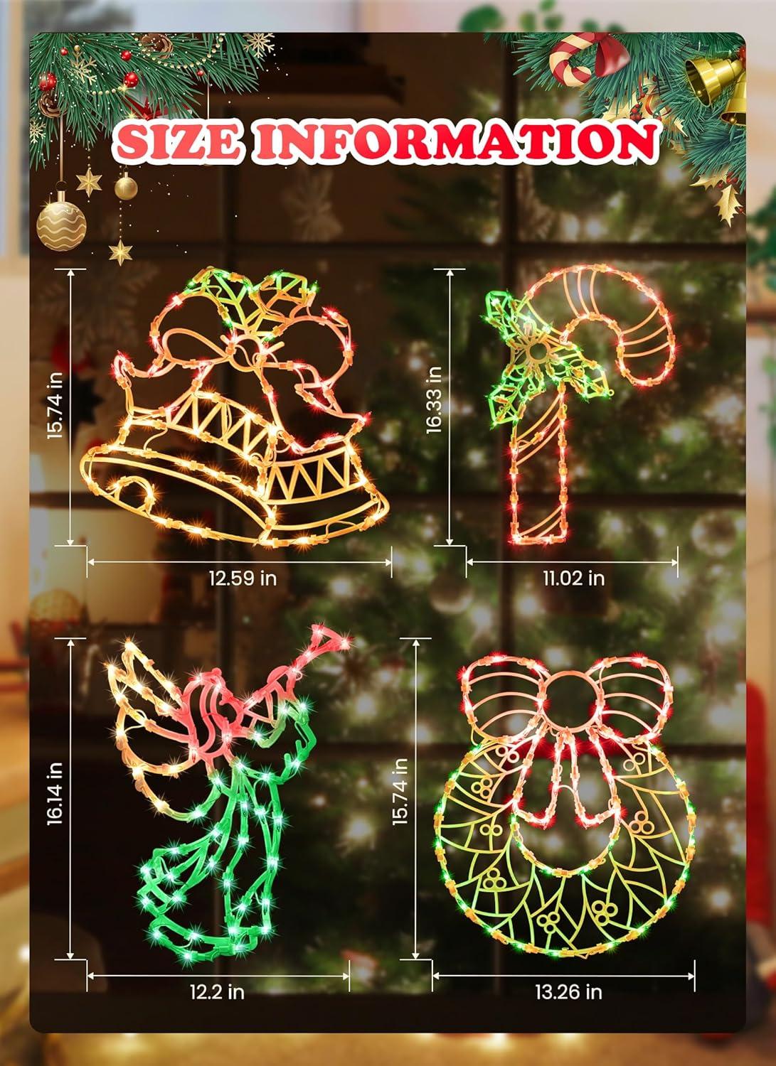 Christmas Window Silhouette Lights Decorations - Pack of 4 Sign Colour Lighted Wreath, Candy Cane, Bell, and Angel for Holiday Indoor Wall Door Glass Decor