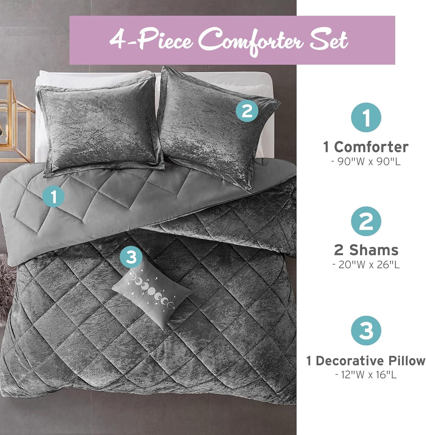 Intelligent Design Full/Queen Size Comforter Sets, 4-Piece Velvet Bedding Set for All Seasons, Grey Comforter Bed Set with Decor Pillow