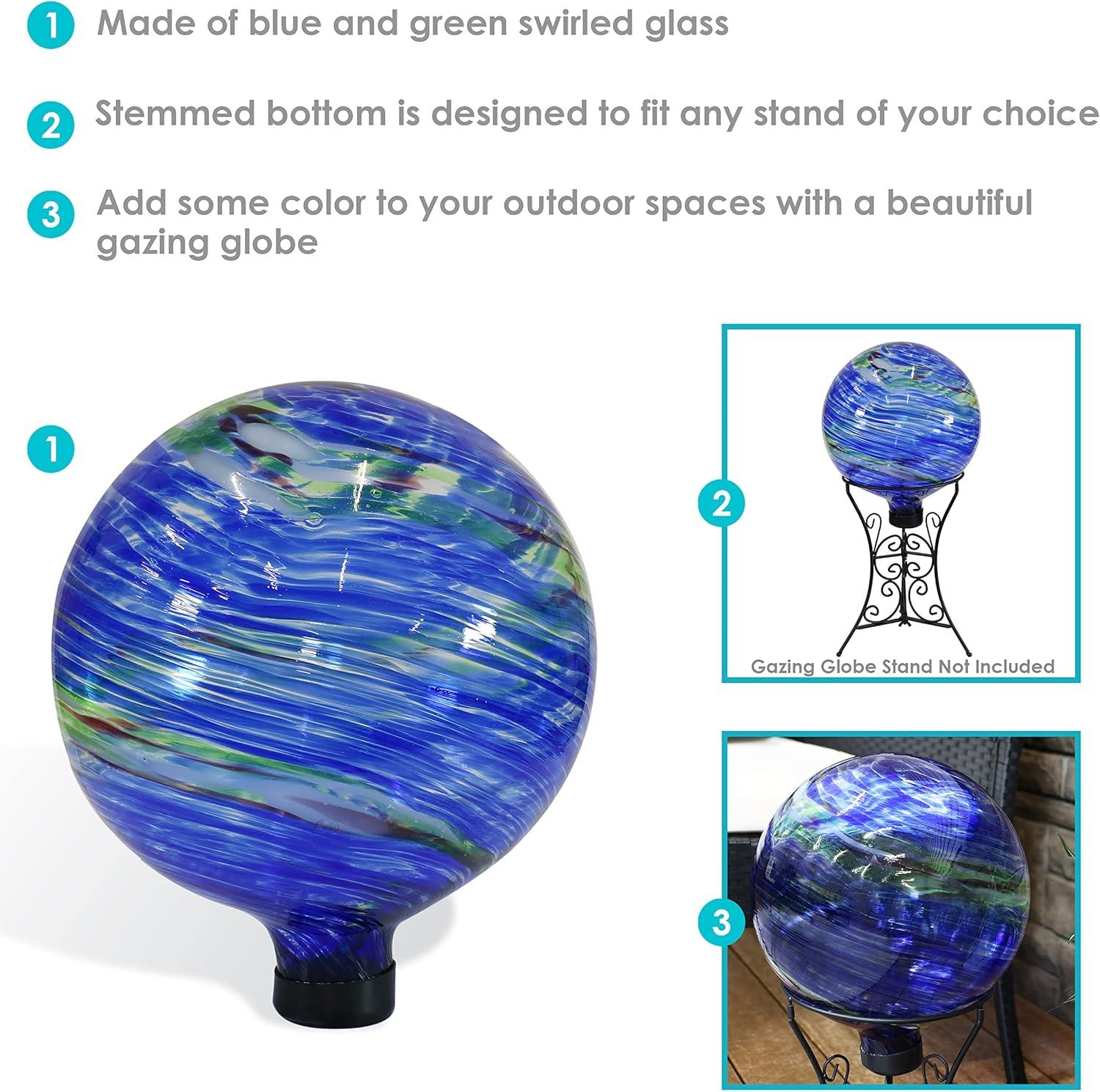 Sunnydaze Northern Lights Glass Gazing Globe with Stemmed Bottom and Rubber Cap - 10" Diameter - Blue and Green Swirl - Set of 2