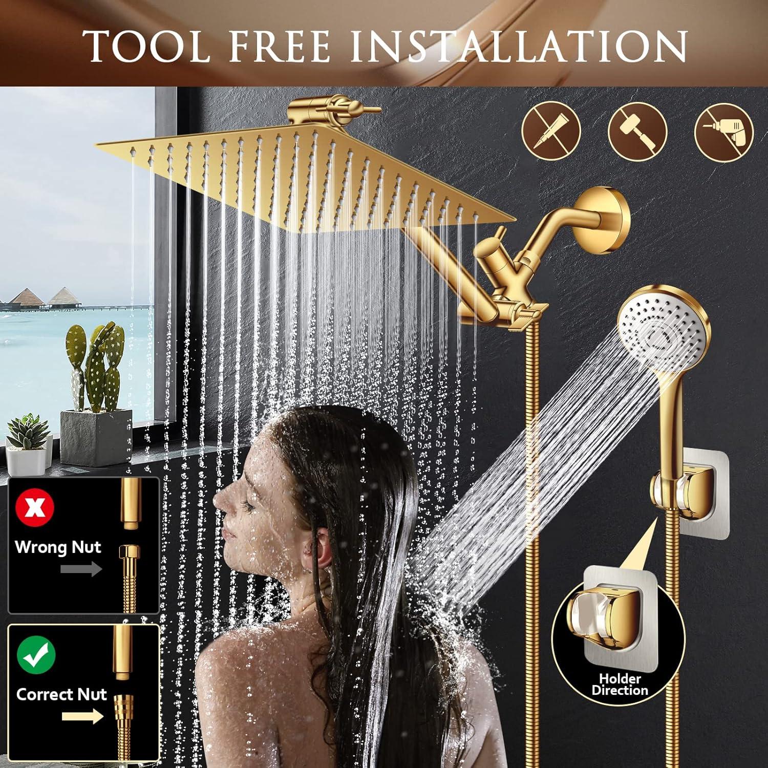 Shower Head, 10" High Pressure Rain shower head with Handheld Spray Combo, 6 Settings Handheld with 78" Anti-leak Hose, 11" Adjustable Extension Arm, Ultra Thin Water Saving, Gold, AWAXFOLO