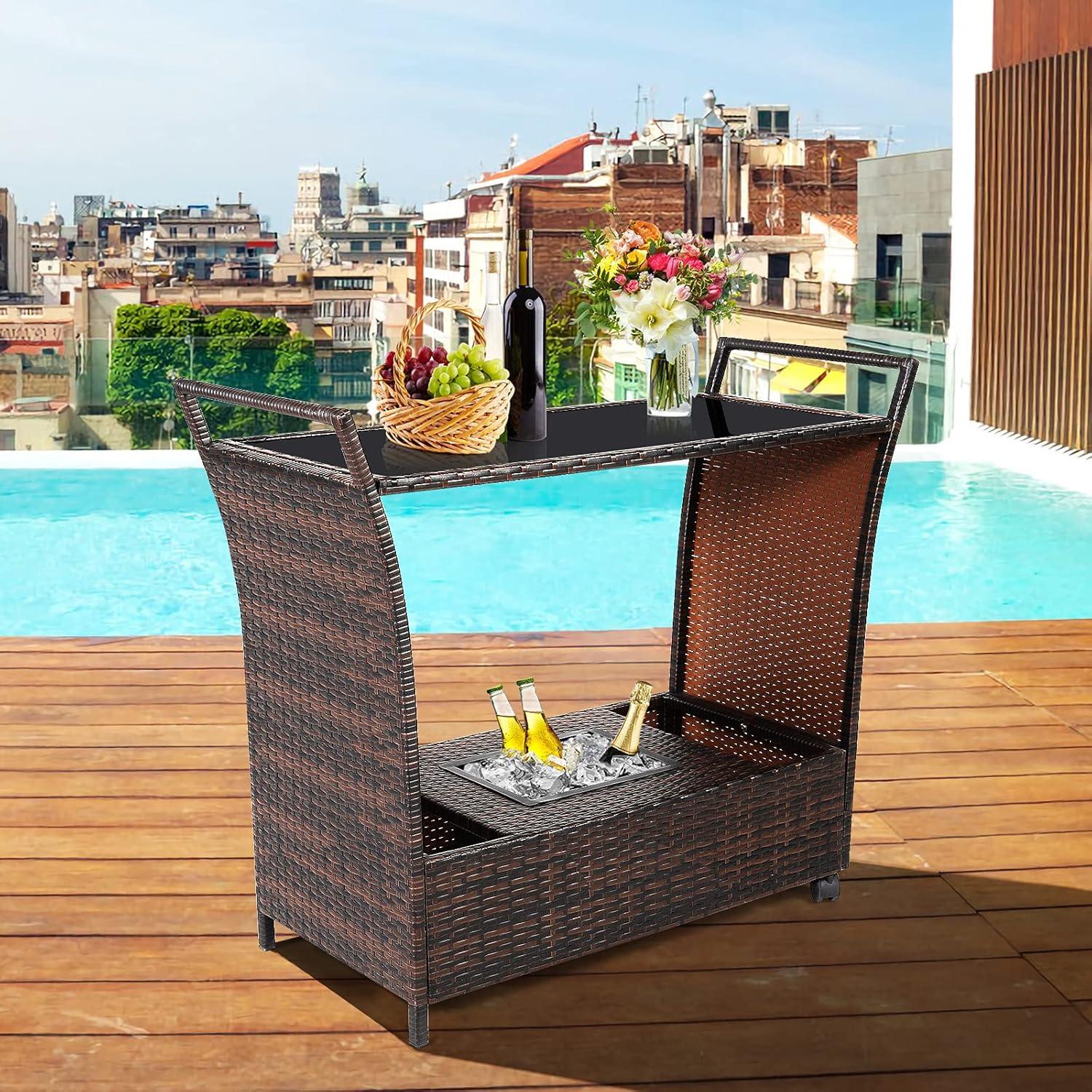 RELAX4LIFE Outdoor Wicker Bar Cart with Removable Ice bucket, Patio Serving Counter Table with Glass Top & Wheels, Storage Compartments Rattan Rolling Trolley for Pool, Backyard,Porch Wine Cart, Brown