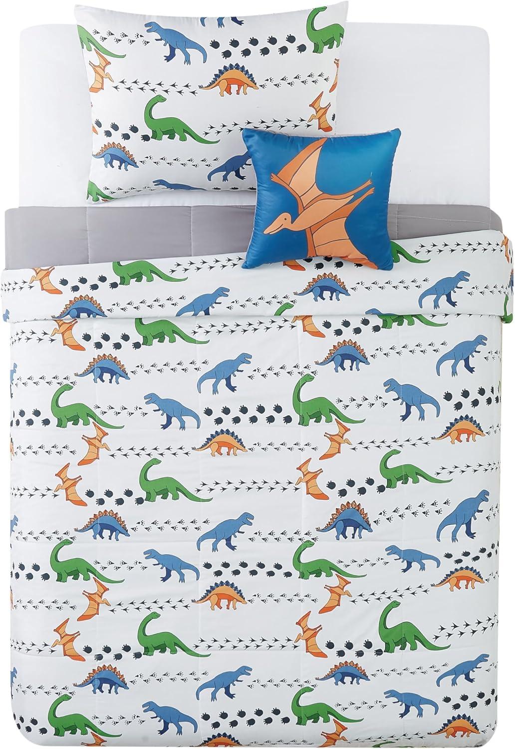 Twin 3pc Dino Tracks Reversible Kids' Comforter Set White - My World: Dinosaur Bedding for Boys, Includes Pillow Sham