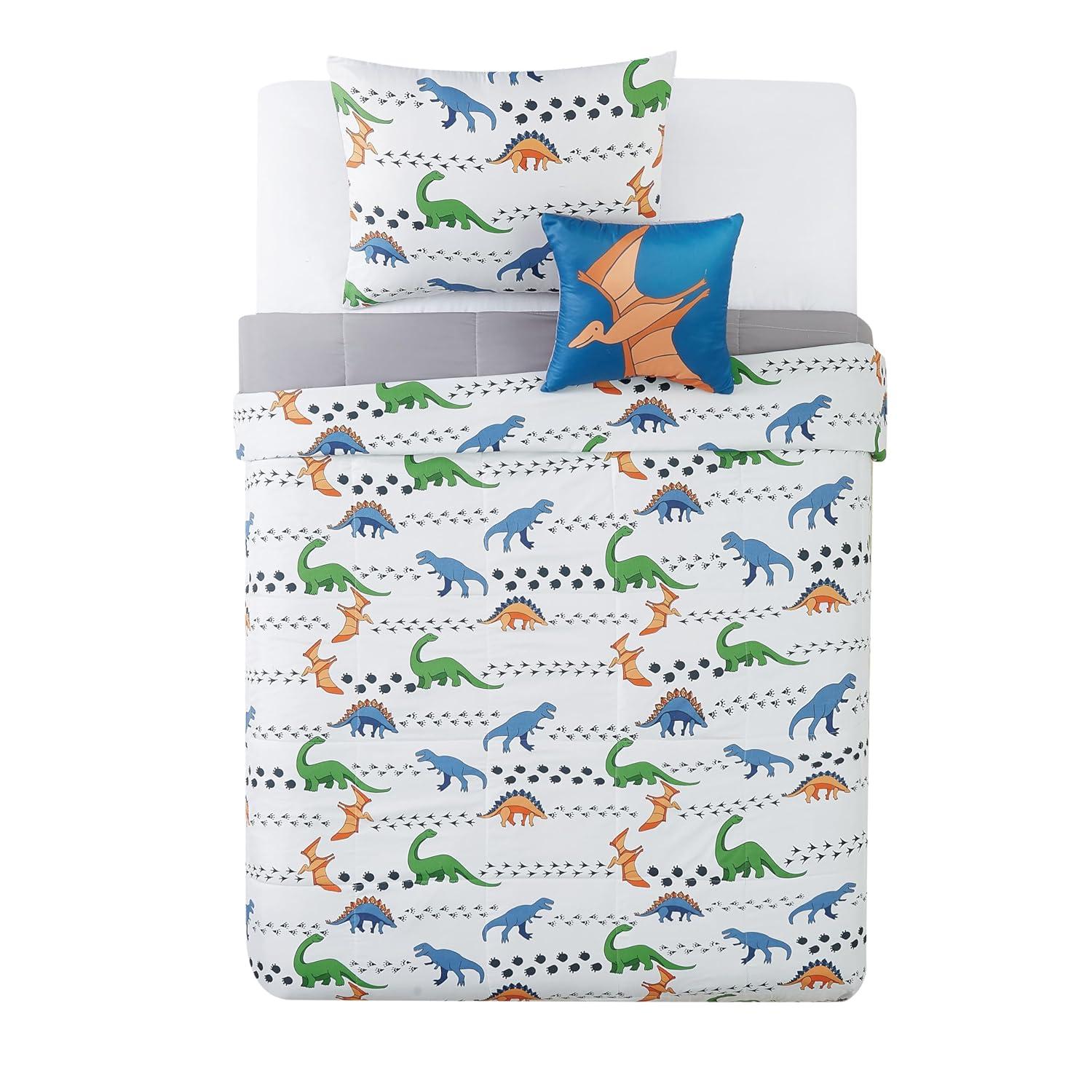 Twin 3pc Dino Tracks Reversible Kids' Comforter Set White - My World: Dinosaur Bedding for Boys, Includes Pillow Sham