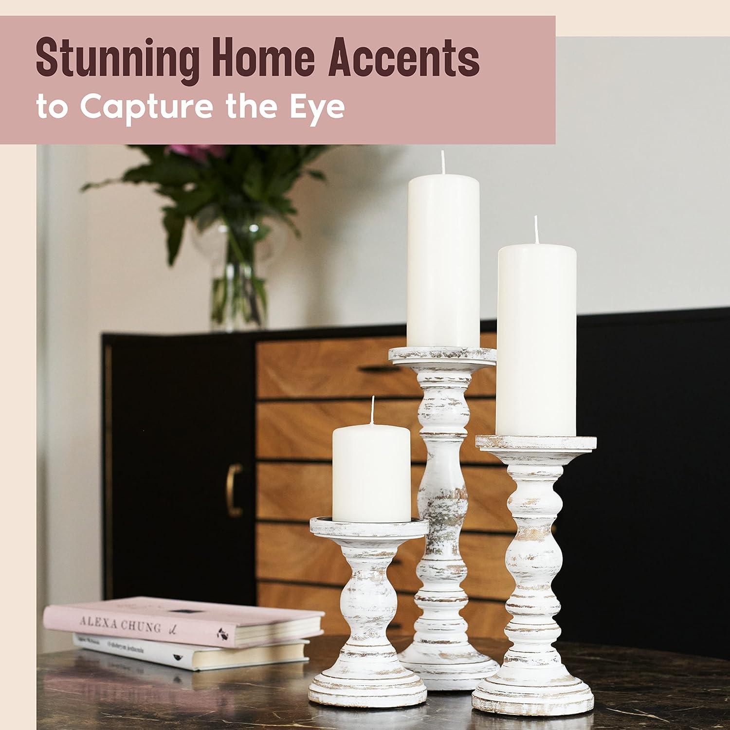 12'' Handcrafted Mango Wood Pillar Candle Holder Set – Rustic 3-Piece Set for LED Candles