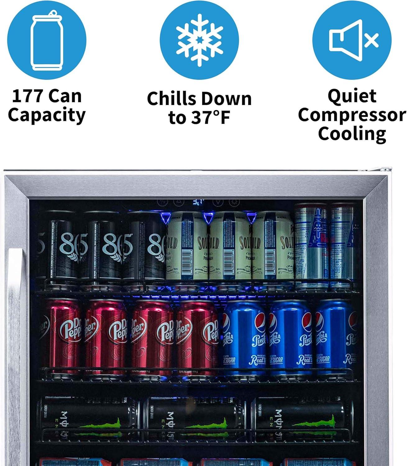 Newair 24" Built-in 177 Can Beverage Fridge in Stainless Steel with Precision Temperature Controls, Compact Drinks Cooler, Bar Refrigerator