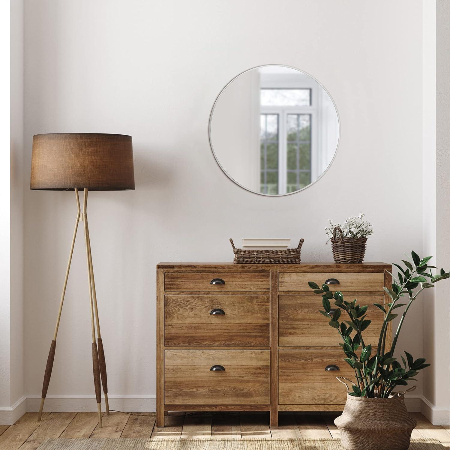 Kenna Round Wall Accent Mirror – 24-Inch, Modern Metal Framed – Living Room, Bedroom, Bathroom Vanity Mirror – Silver – Design House, 587188-SLV