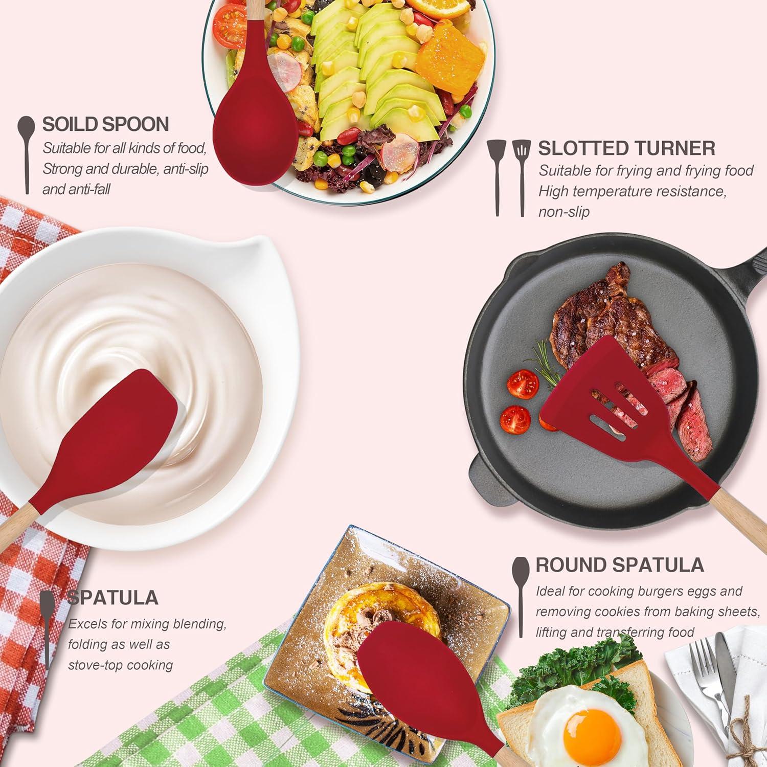 Silicone Kitchen Utensils, 12 Piece Non-Stick Heat Resistant Cookware Set with Wooden Utensil Handle, Black - Red