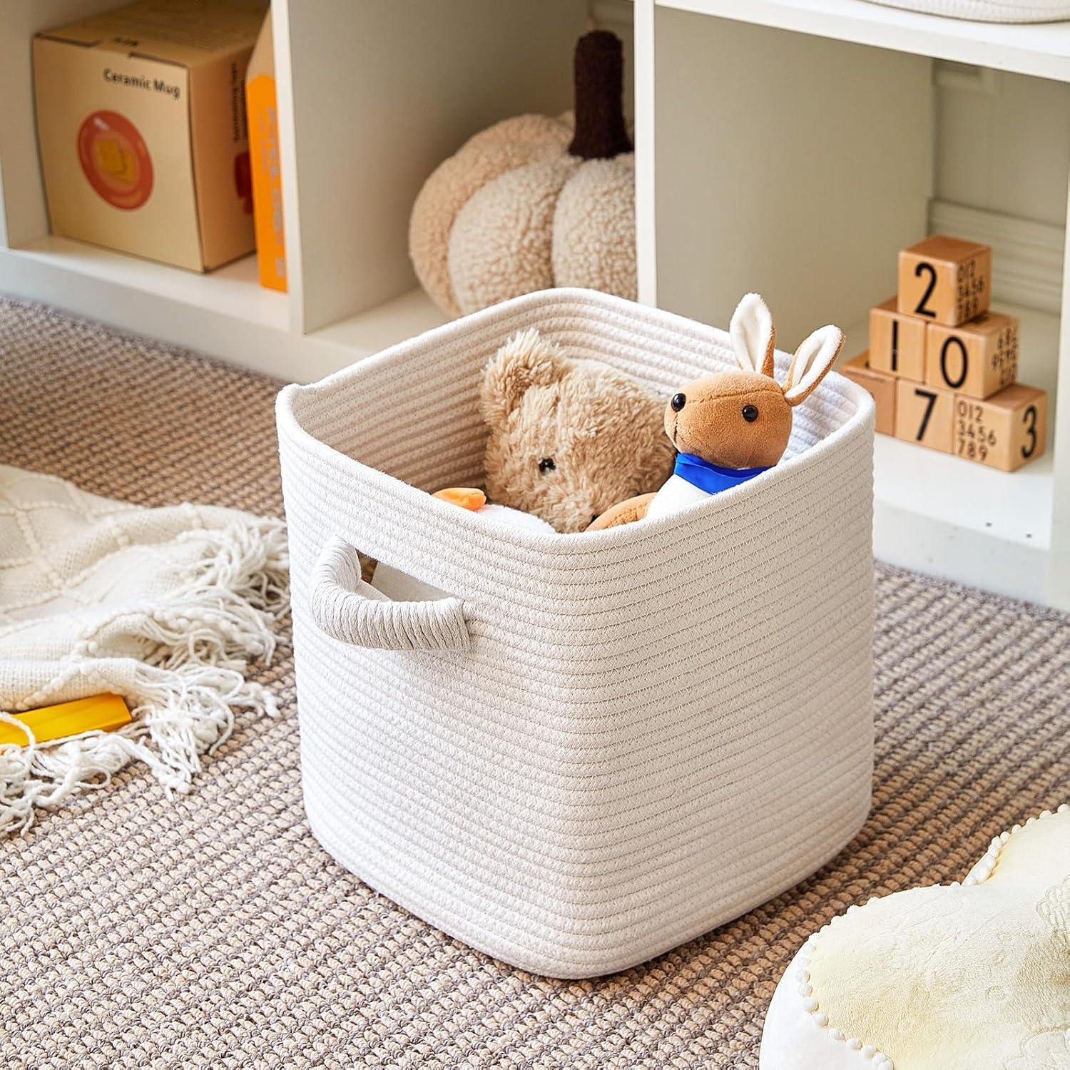 Storage Cube Baskets for Organizing - 3 Pack - 11 inch Square Baskets for Cube Storage, Closet Storage Bins - Woven Cube Storage Bins for Shelves - Cube Drawer - Ideal for Toy Storage |White