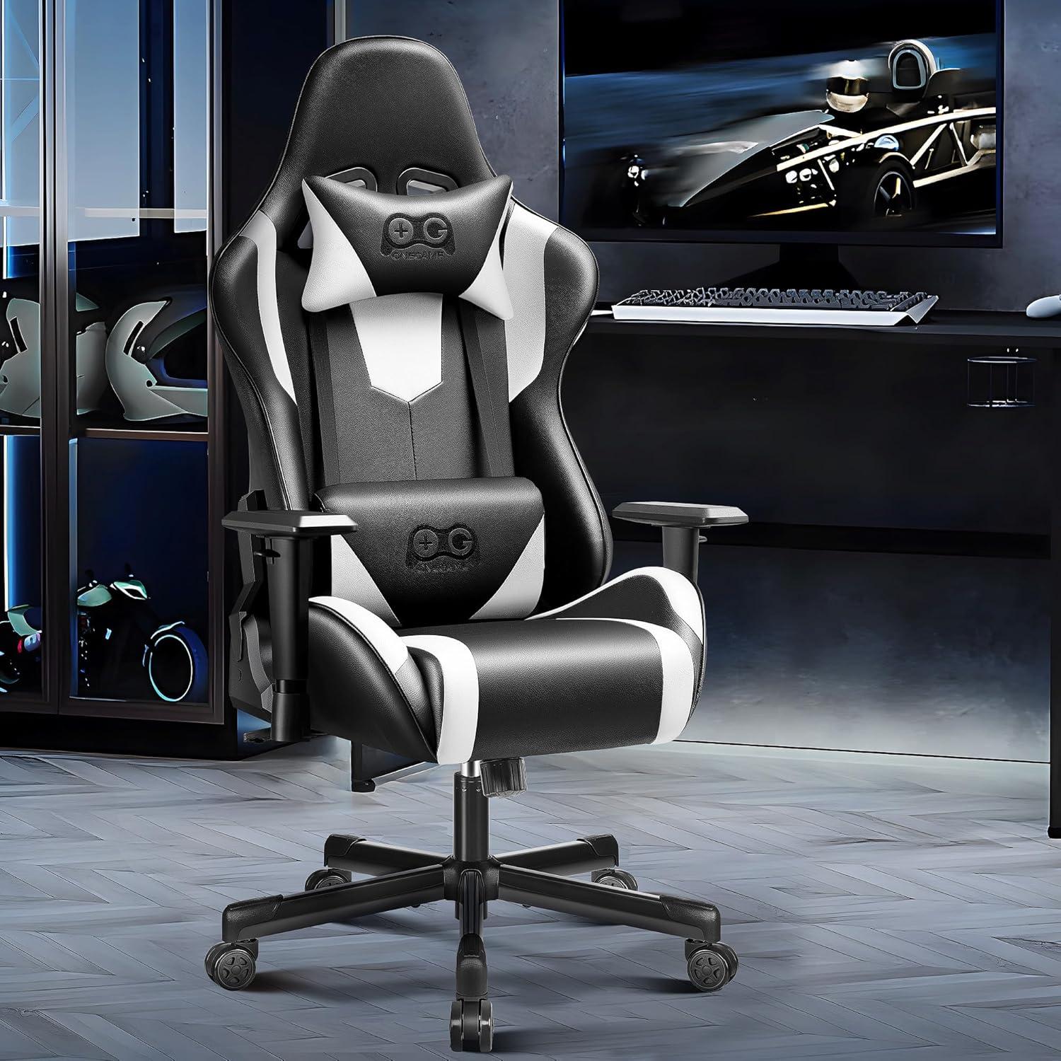 White and Black PU Leather Ergonomic Gaming Chair with Lumbar Support