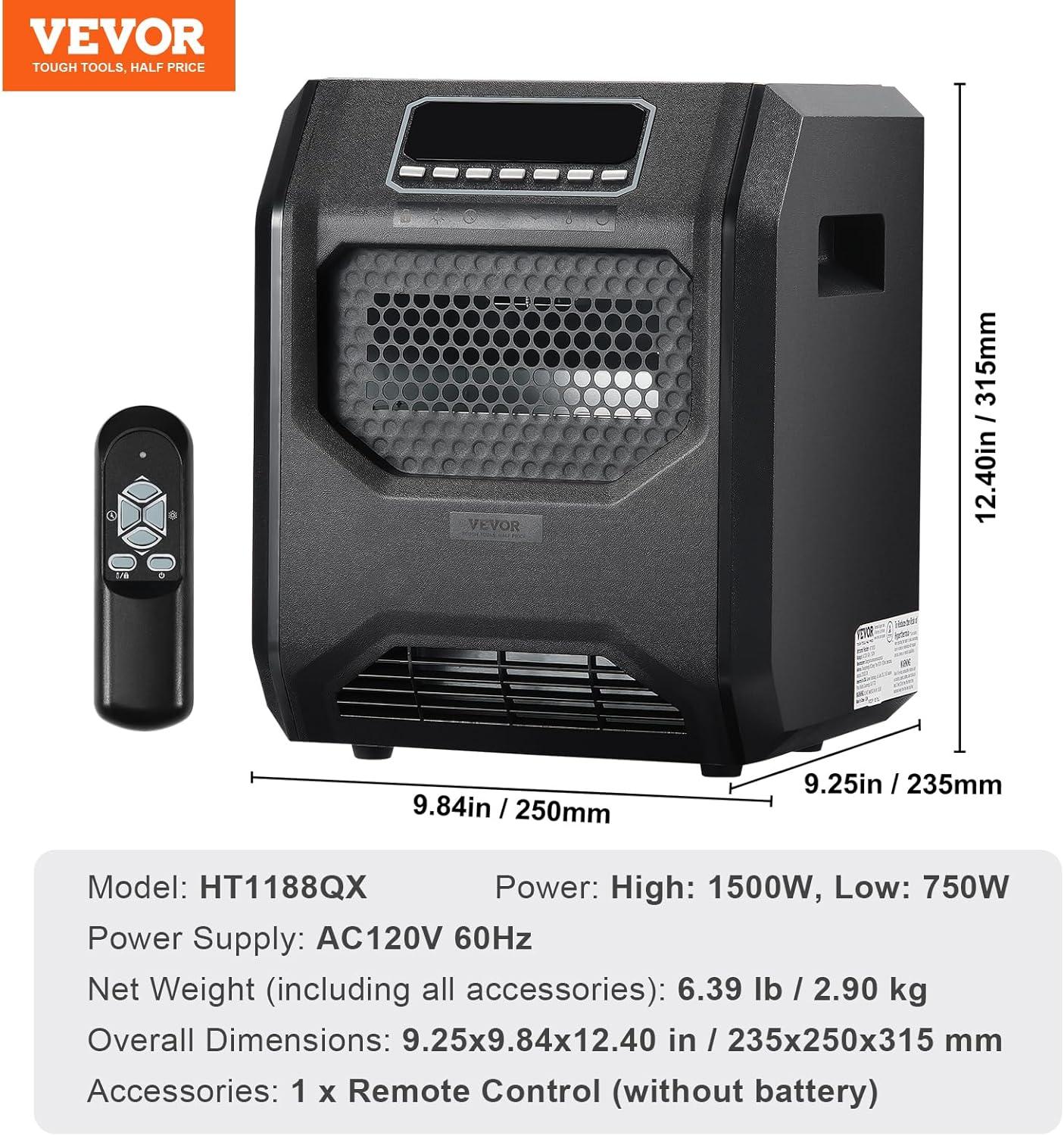 VEVOR Infrared Heater, 1500W Remote Control Electric Space Heater, LED Patio Heater w/ 3 Speeds & Timer & Overheat/Tip-Over Protection & Child Lock, for Bedroom,Living Room,Nursery,Studio,ABS