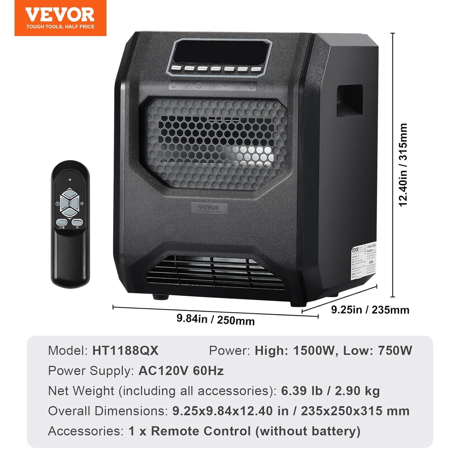 VEVOR Infrared Heater, 1500W Remote Control Electric Space Heater, LED Patio Heater w/ 3 Speeds & Timer & Overheat/Tip-Over Protection & Child Lock, for Bedroom,Living Room,Nursery,Studio,ABS