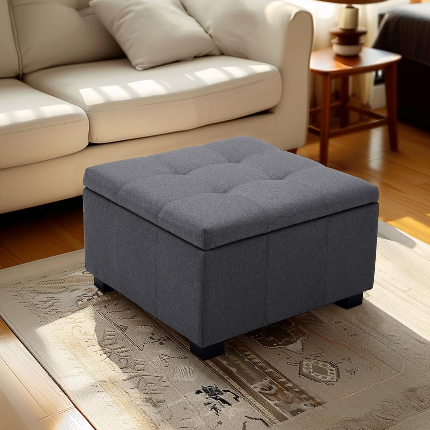 Gray Tufted Square Upholstered Storage Ottoman with Hinged Lid