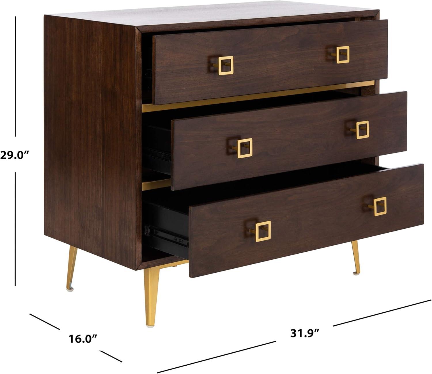 Katia Transitional Walnut 3-Drawer Chest with Gold Accents