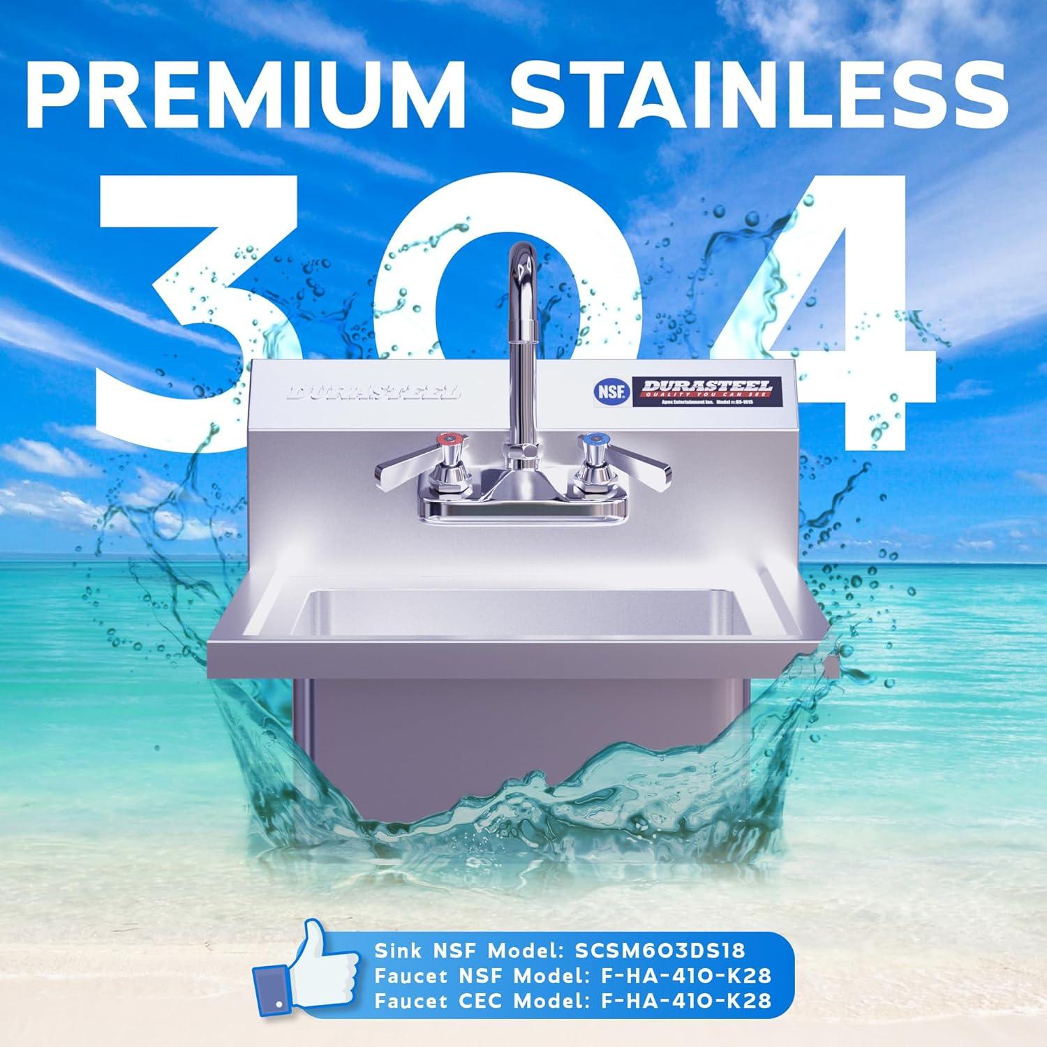 DuraSteel Stainless Steel Sink - NSF Commercial Wall Mount Kitchen Sink - Small Hand Sink with 12" x 10" x 5.5"D Wash Basin - With Sink Strainer and Faucet - For Laundry, Restaurants, Bars, and More