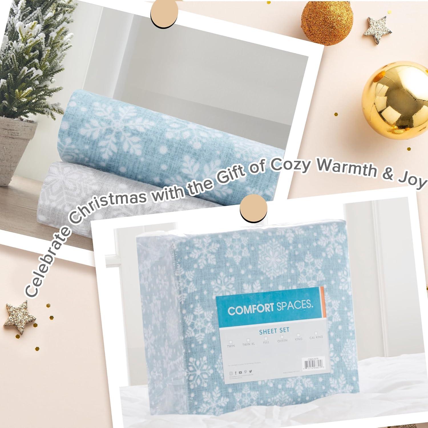 Comfort Spaces Twin Sheet Set, Flannel Bed Sheets Twin, 100% Cotton Bed Sheets Set with Deep Pocket, 3-Piece Snowflakes Blue
