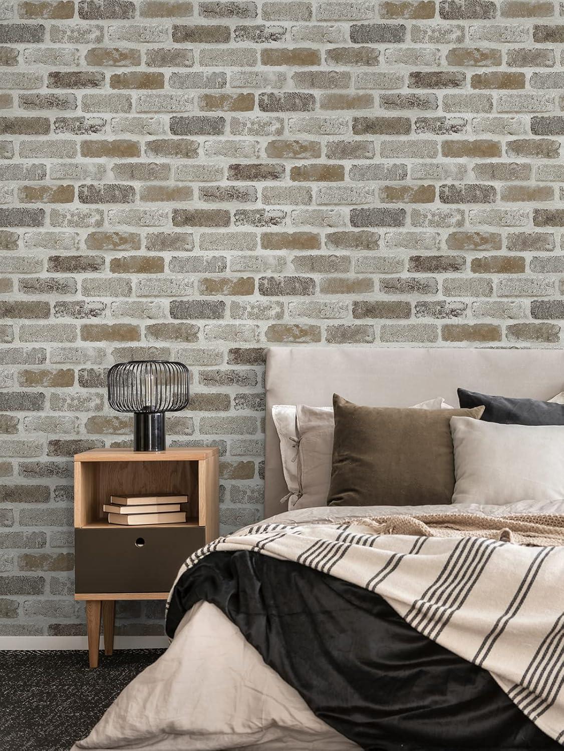 NextWall  Washed Brick Peel and Stick Removable Wallpaper Tanned Leather & Pewter