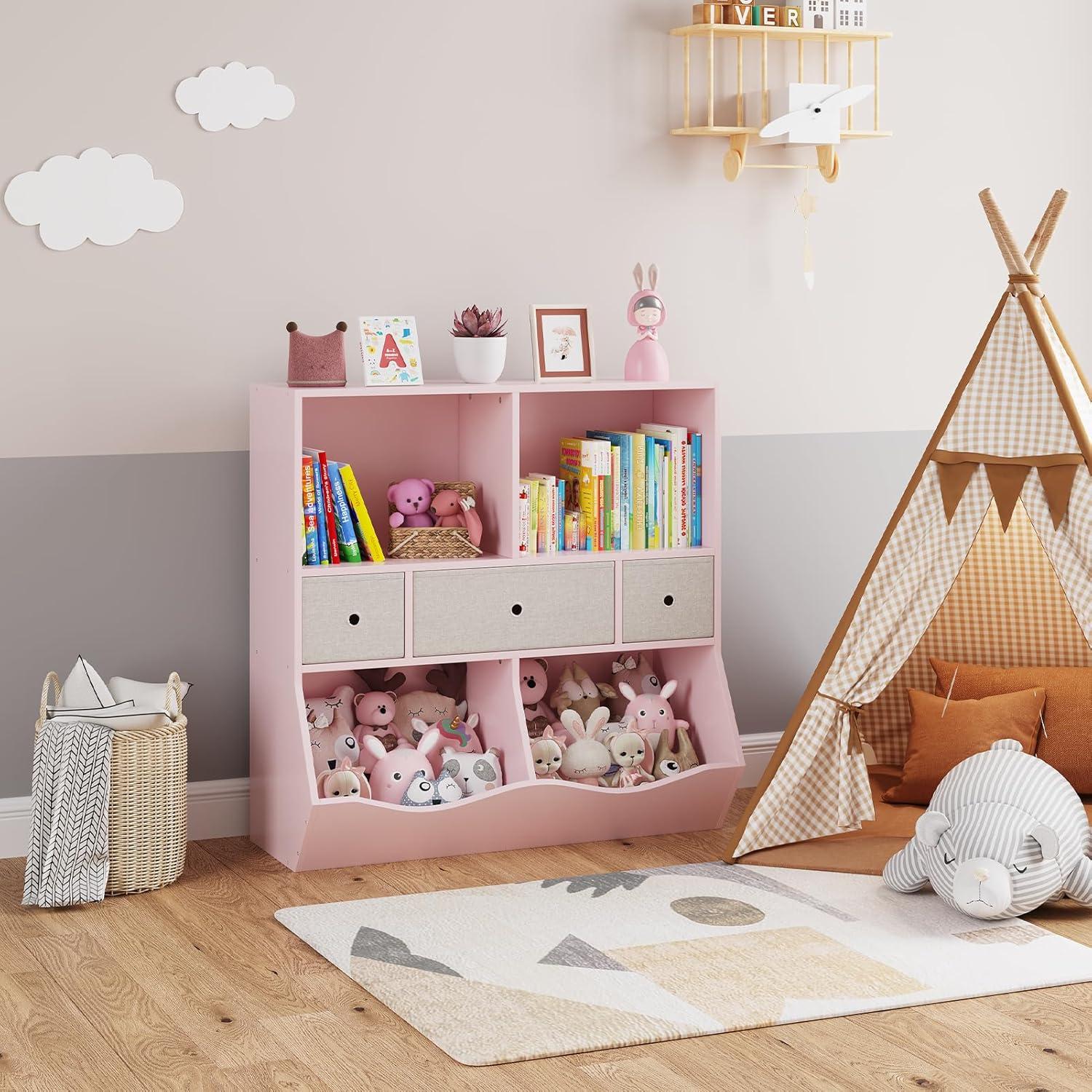 3-Tier Kids Bookshelf, Toy Storage Organizer with 3 Drawers,Wooden Bookcase with Large Toy Storage Cabinet for Playroom