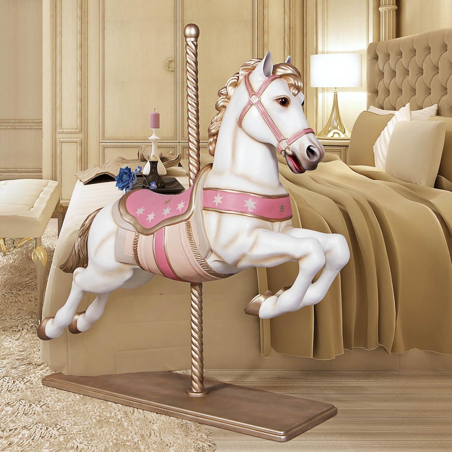 Full-Size White and Pink Resin Carousel Horse Statue