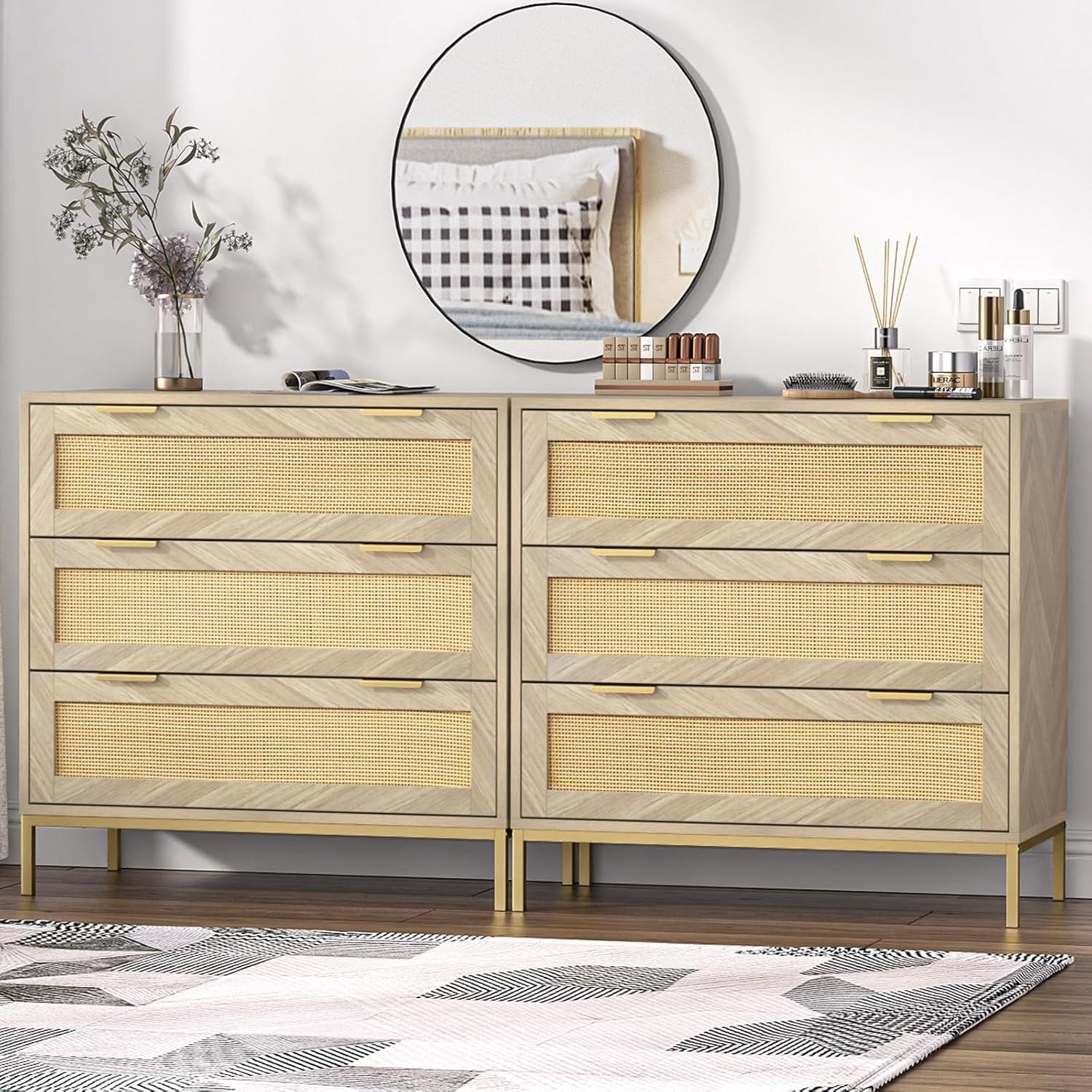 Anmytek 3 Drawer Cabinet for Bedroom, Oak Rattan Cabinet Closet Cabinet Chest of Drawers, Wood Cabinet 3 Drawer Storage Chest for Bedroom, Hallway, Nursery