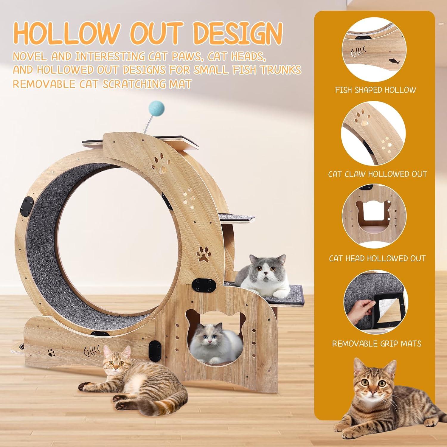 CuisinSmart Cat Running Wheel Nature Wood Kitty Large Wooden Running Wheel Pet Toy Cats Loss Weight Device Cat Rotating Wheel 4 in 1 Ultra Quiet Large Cat Wheel Exercise Treadmill