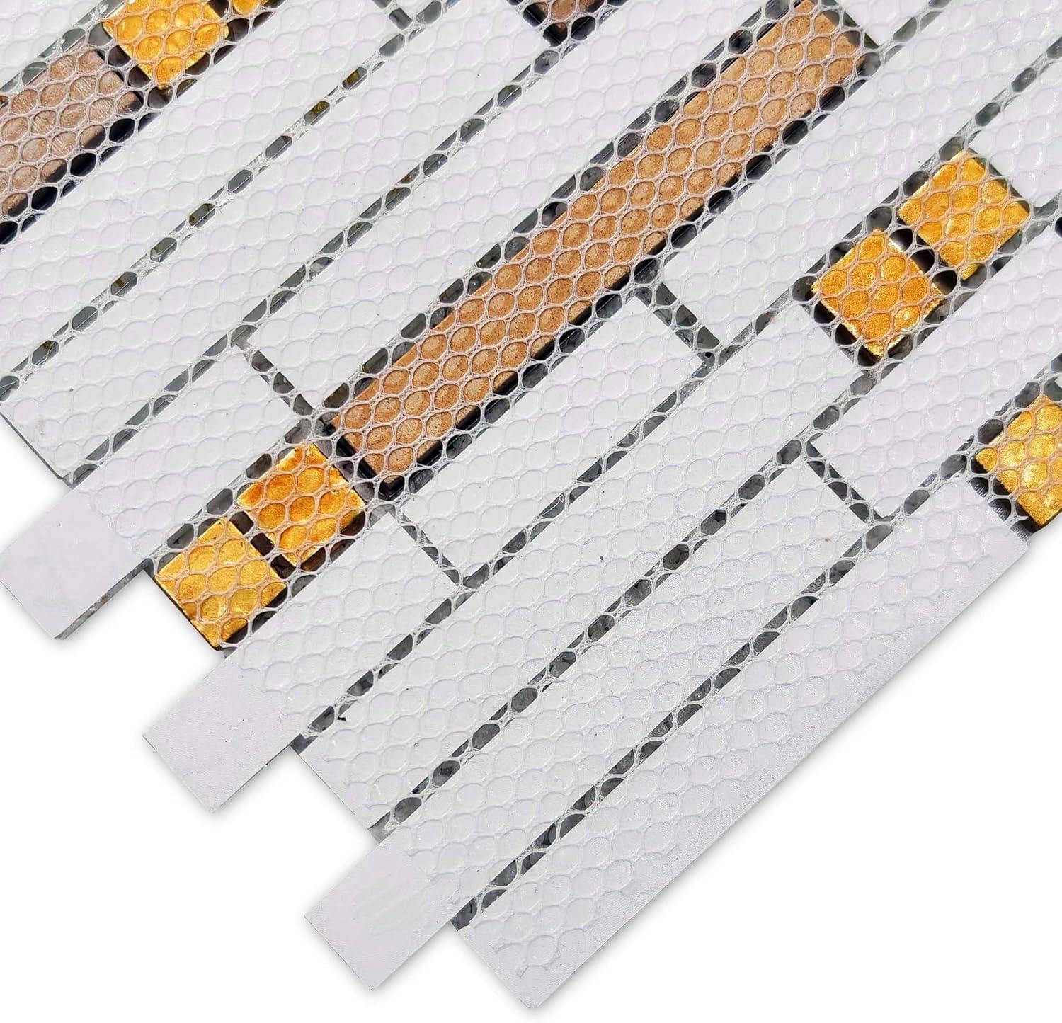 Metallic Glass Tile Luxury Gold Linear Interlocking Elegant Floral Pattern Accents Mosaic for Kitchen Backsplash Bathroom Wall and Fireplace Decor (3x12 Sample)