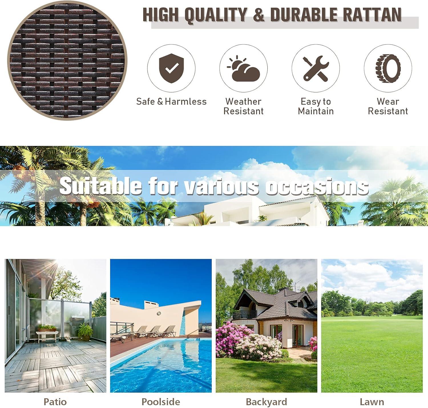 RELAX4LIFE Outdoor Wicker Bar Cart with Removable Ice bucket, Patio Serving Counter Table with Glass Top & Wheels, Storage Compartments Rattan Rolling Trolley for Pool, Backyard,Porch Wine Cart, Brown