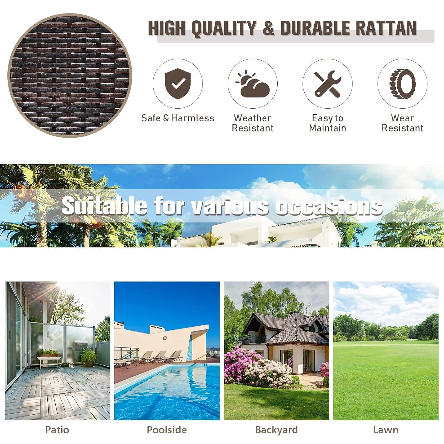 RELAX4LIFE Outdoor Wicker Bar Cart with Removable Ice bucket, Patio Serving Counter Table with Glass Top & Wheels, Storage Compartments Rattan Rolling Trolley for Pool, Backyard,Porch Wine Cart, Brown