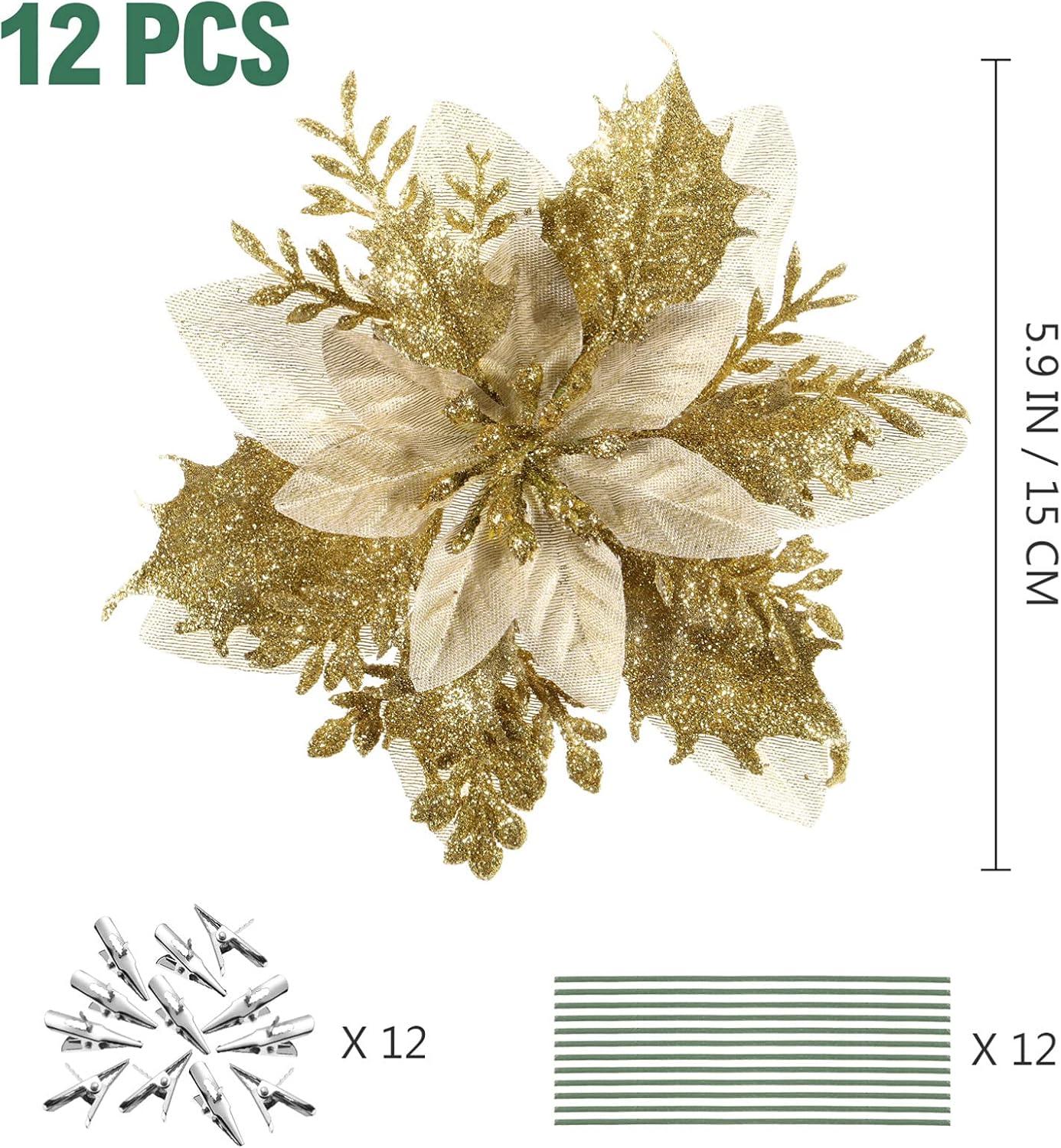 12PCS Poinsettia Flower Artificial Poinsettia Christmas Decoration 5'' Glitter Poinsettias Christmas Ornaments Christmas Tree Flower Decor with Clips DIY Xmas Wreath Holiday Home Party Decor